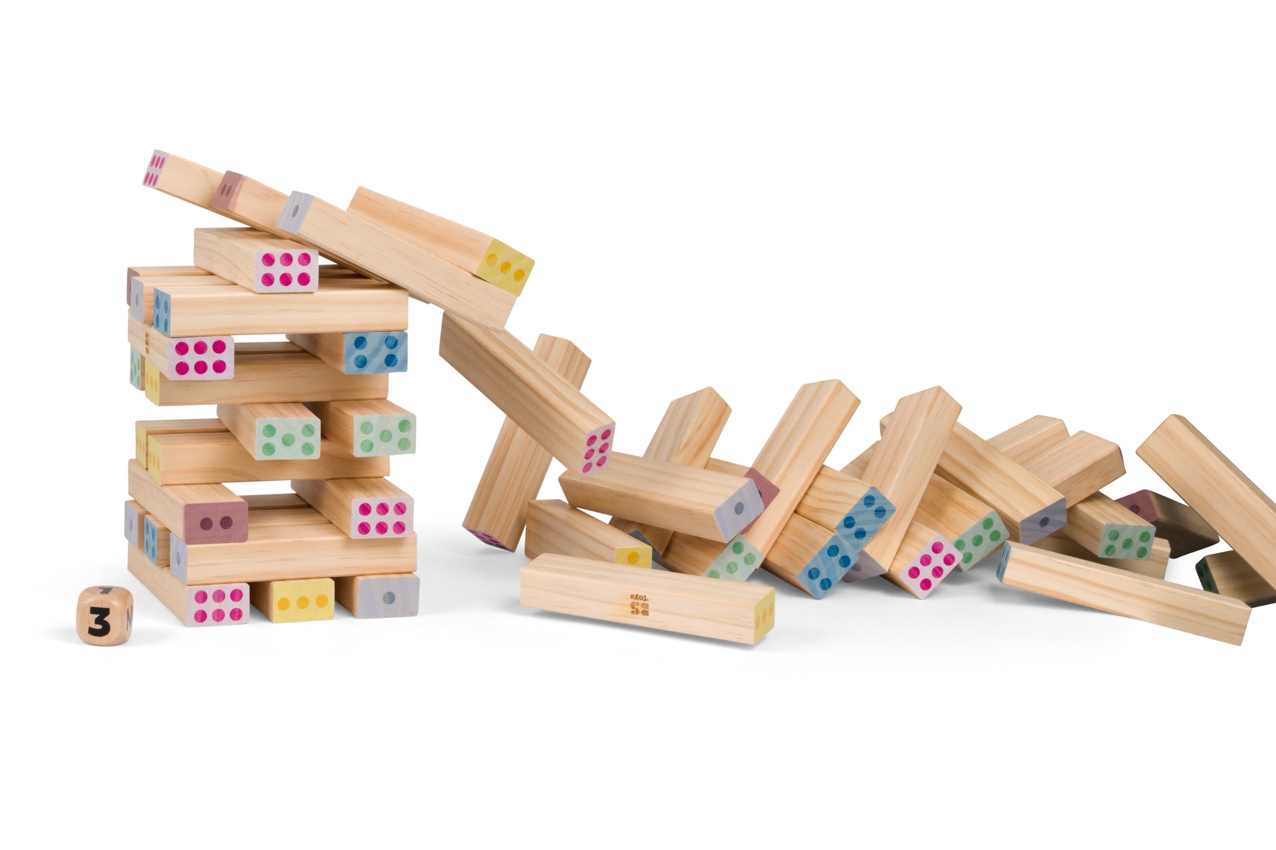 BS Toys Olbrzymia wieża drewnianych cyfr - edukacyjna gra balansowa z 48 blokami i kostką - rozwija koordynację i koncentrację