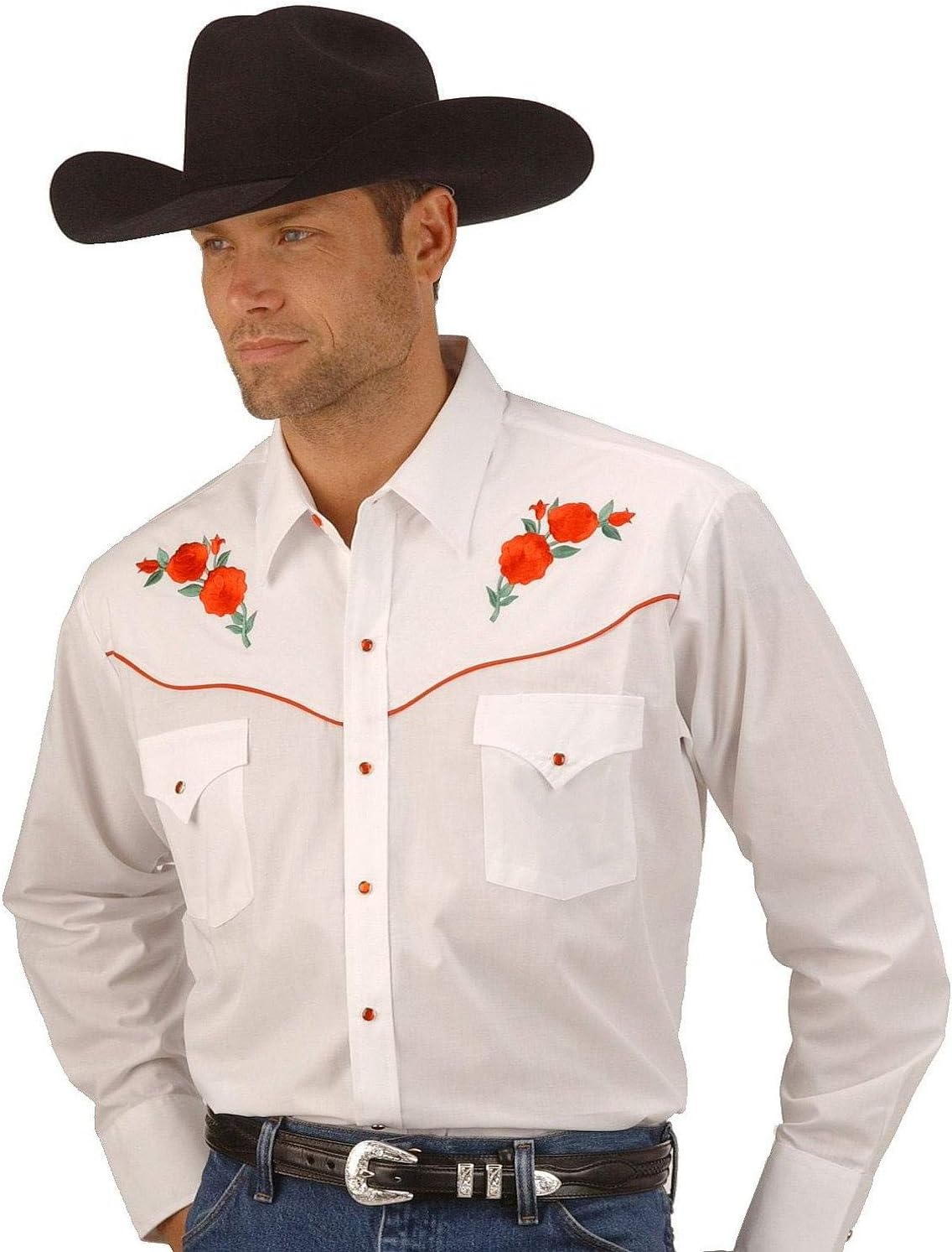 ELY Cattleman Mens Long Sleeve Western Shirt with Rose Embroidery