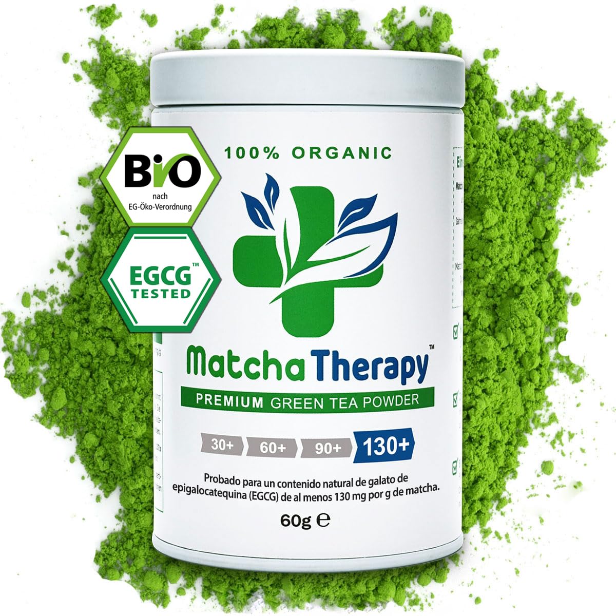 MatchaTherapy 130+ | Té Matcha 100% Ecológico | 60g | Al menos 130 mg/g de contenido de catequina probado EGCG | Apoya el sistema inmune & Nivel de Energia | Grado Premium | Té verde de Japón