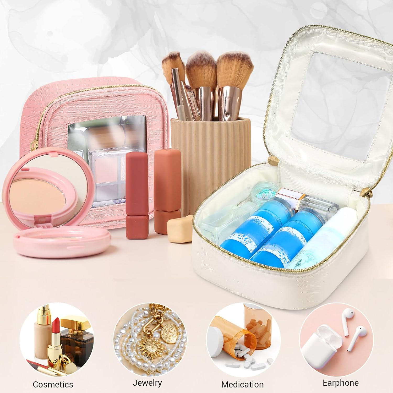 Abbylike 3 Pcs Clear Makeup Bags Travel Cosmetic Organizer Case Nylon Toiletry Bag with Zipper PVC Transparent Makeup Pouch Portable Storage Car Essentials for Women Gifts(Black, White, Pink,Small) - Image 4