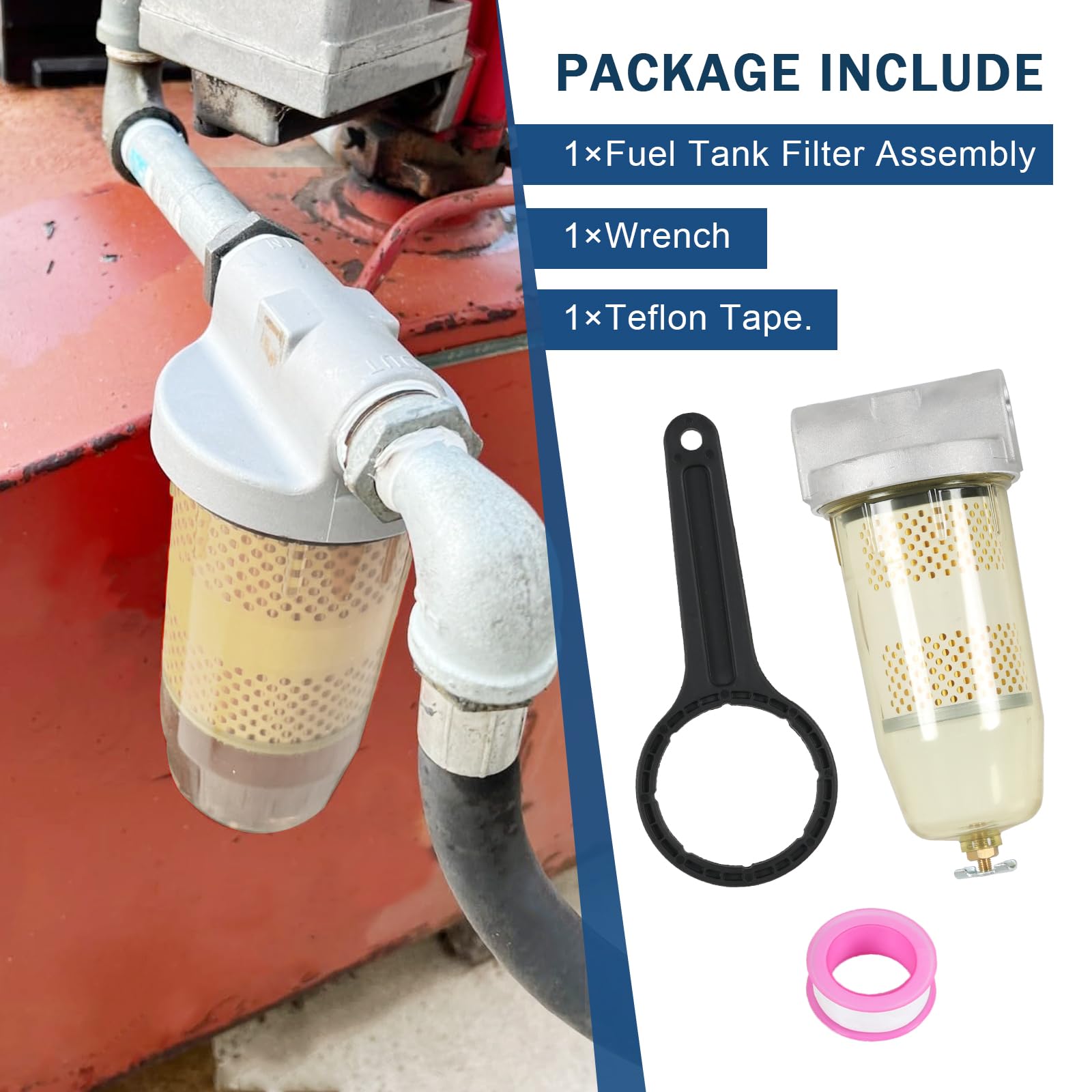 DICMIC, Gruppo Filtro Serbatoio Carburante con Chiave di Ricambio per Benzina e Diesel, Separazione Acqua 30 Micron, Max 25 Gpm 150 Psi, con Tappo Superiore NPT da 3/4”