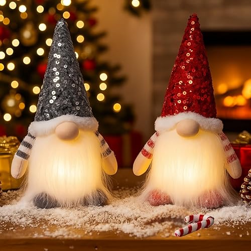 2 gnomos de Navidad iluminados para interiores, regalo de felpa, 12 pulgadas, hechos a mano, gnomos suecos iluminados de felpa, lindo gnomo Rojo