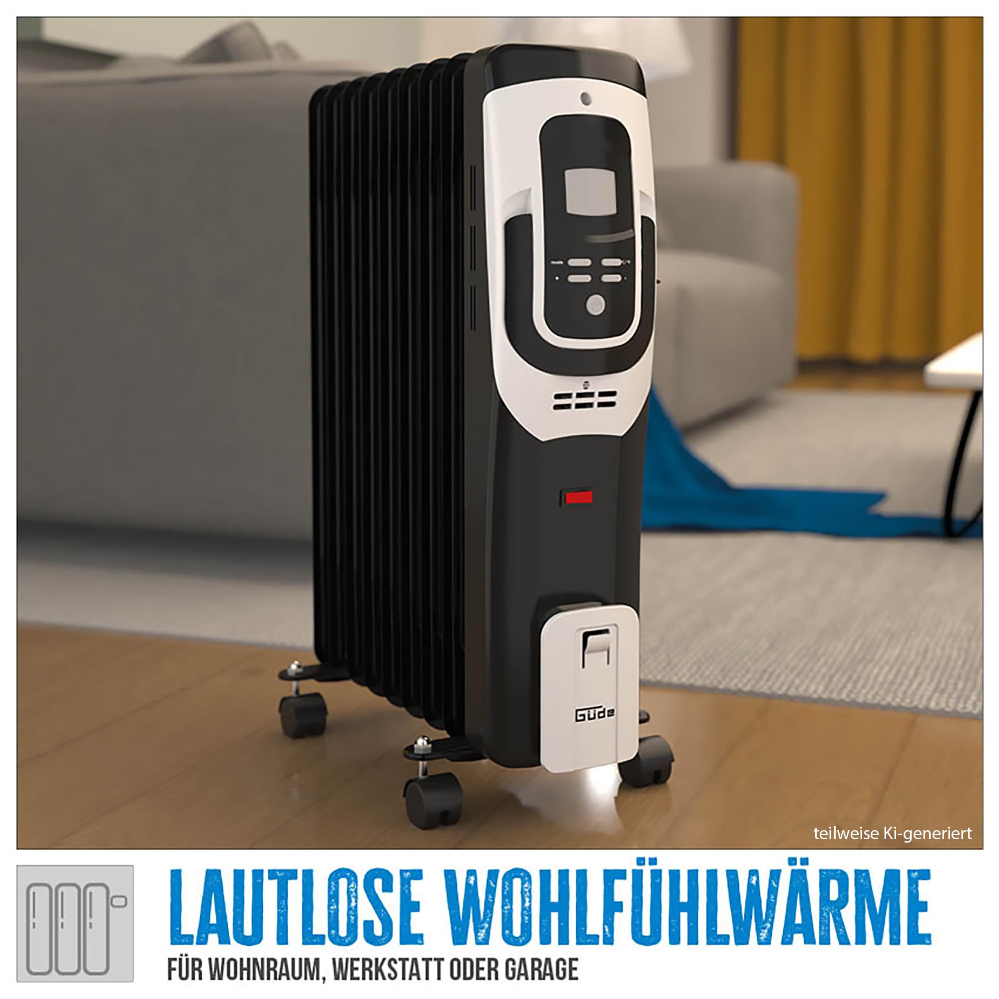 Güde Radiatore ad olio OR 2000-9 DT (220-240 V, 2000 W, 3 livelli di riscaldamento (800/1200/2000 W), display LCD, funzione timer, 9 costole, termostato continuo, protezione ribaltamento e