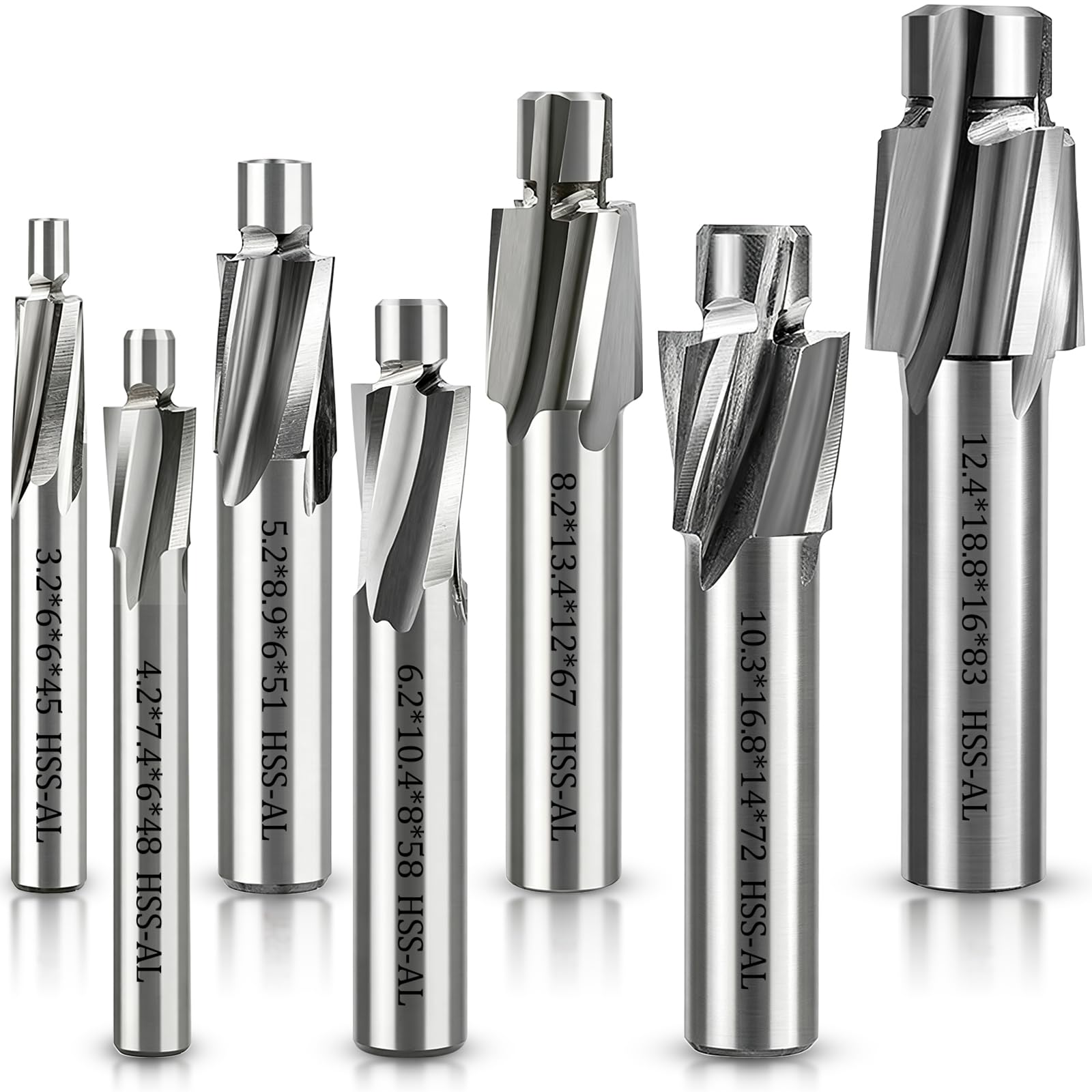 7-teiliges HSS Zapfensenker-Set M3-M12, 4 Zähne Schaftfräser Flachsenker Senker, für Metall, Stahl, Aluminium, Edelstahl, Holz, Kunststoff, Kupfer, CNC Fräser