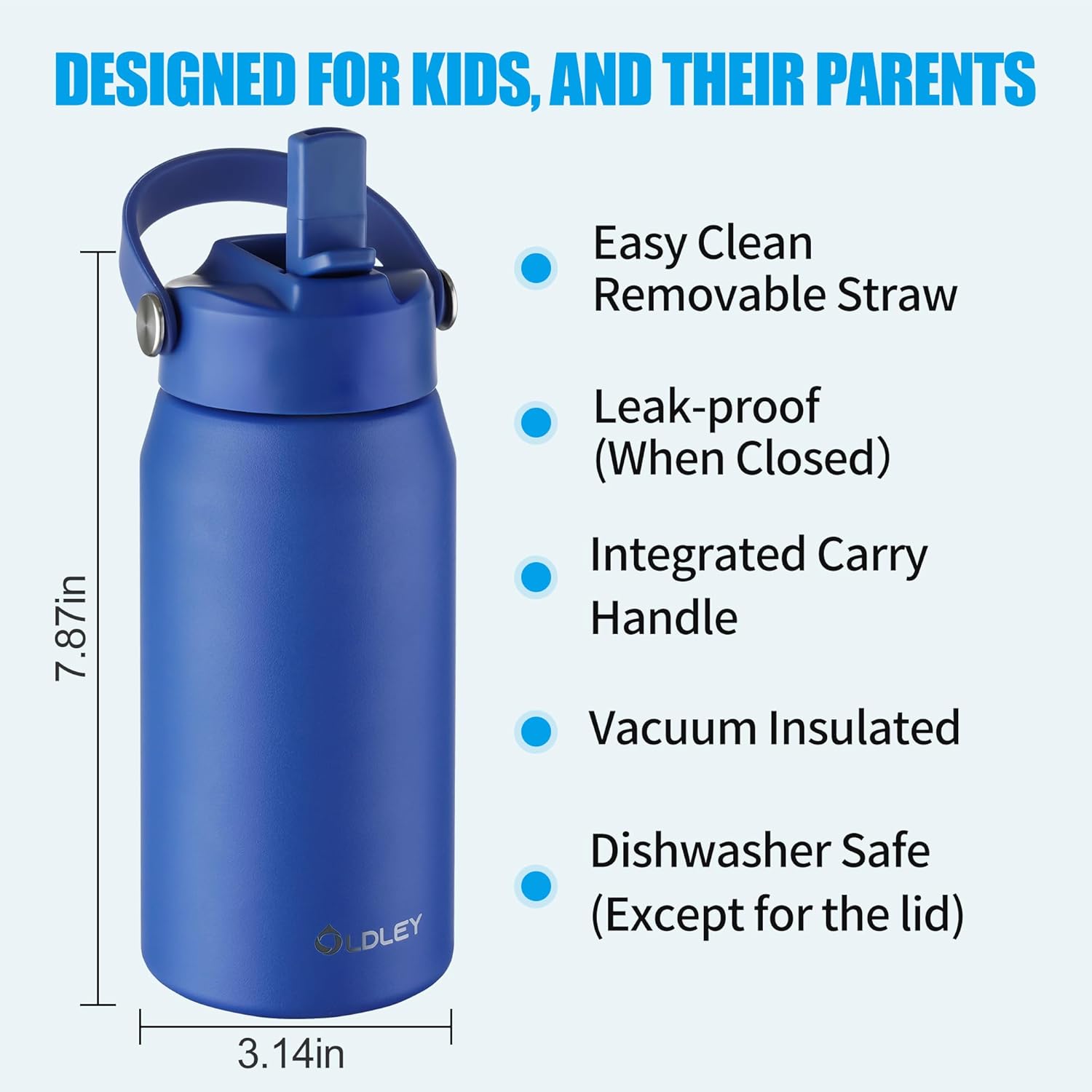 OLDLEY kids Water Bottle - 18oz Insulated Stainless Steel - Wide Straw Lid, Non Spill, Leakproof, Kids Water Bottle for School,Blue - Image 3