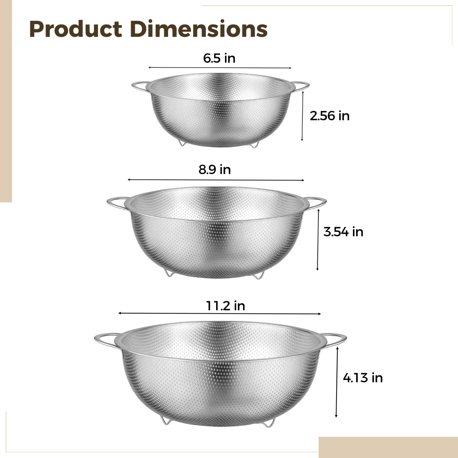 3-teiliges Edelstahl-Siebset, feines Mesh-Sieb für Pasta, Gemüse, Obst und Reis, stapelbare Metallschüsseln mit stabilem Standfuß, platzsparend, für schnelles Abgießen und Waschen