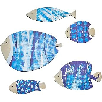 CREATCABIN Pack of 5 Wooden Wall Decoration with Fish Nautical Beach Decoration Wooden Coast/Ocean Wall Art Decor Vintage Dodger Blue Fish Sculptures Hanging on the Wall Ornaments with Stickers