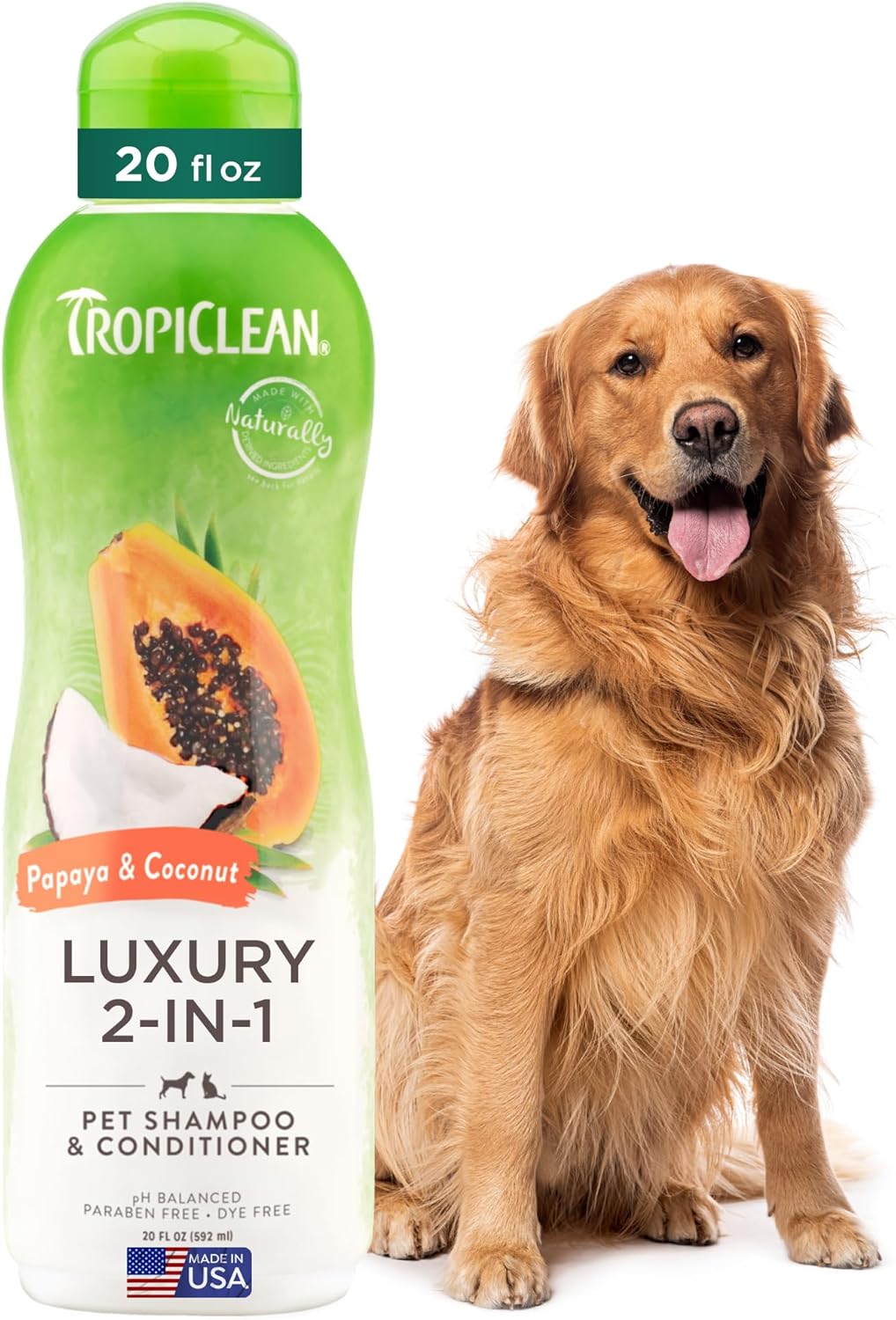 TropiClean Papaya 2-in-1 Dog Shampoo & Conditioner - Moisturizing Detangler, Puppy Safe, Cat Safe, Natural 20oz Made in USA