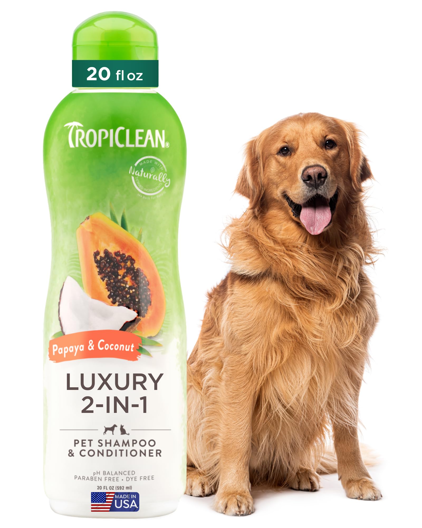 2-in-1 Dog Shampoo and Conditioner, Moisturizing Dog Detangler, Puppy Safe, Made in the USA, Papaya Scent, Cat & Kitten Safe, 20oz.