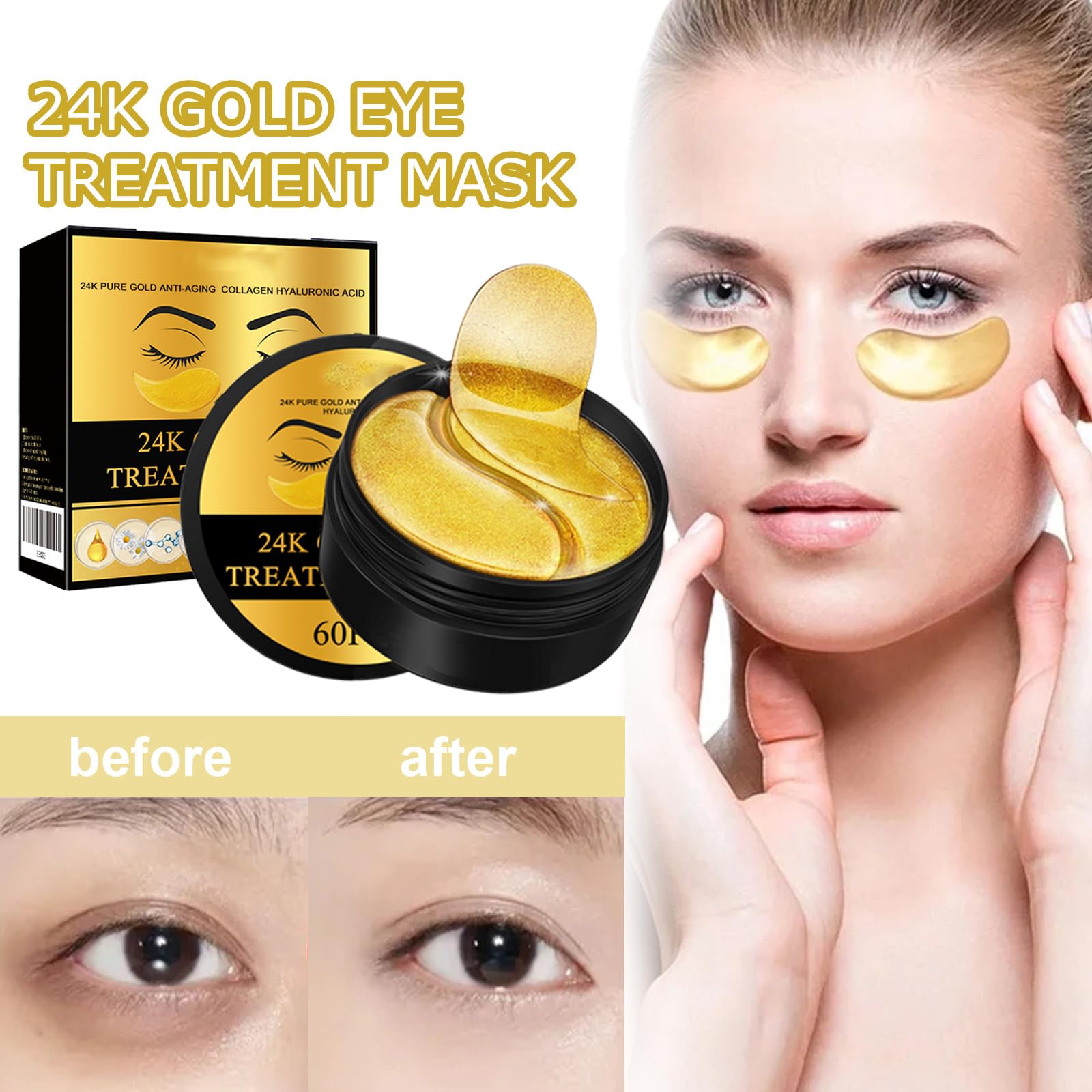 24-Karat-Gold-Augenpads, Hydrogel-Augenpads mit 24-Karat-Gold, Kollagen-Augenklappen gegen geschwollene Augen und Augenringe, revitalisierende und straffende Gelpads für die Augenpartie (8 Schachteln)