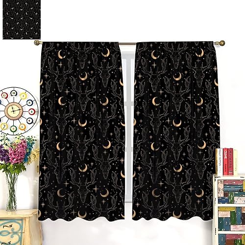 Vista 301 de Cortinas de cabeza de cabra, misteriosa cabeza de cabra malvada, calavera negra, bolsillo para barra, cortinas opacas para ventana, juego de 2