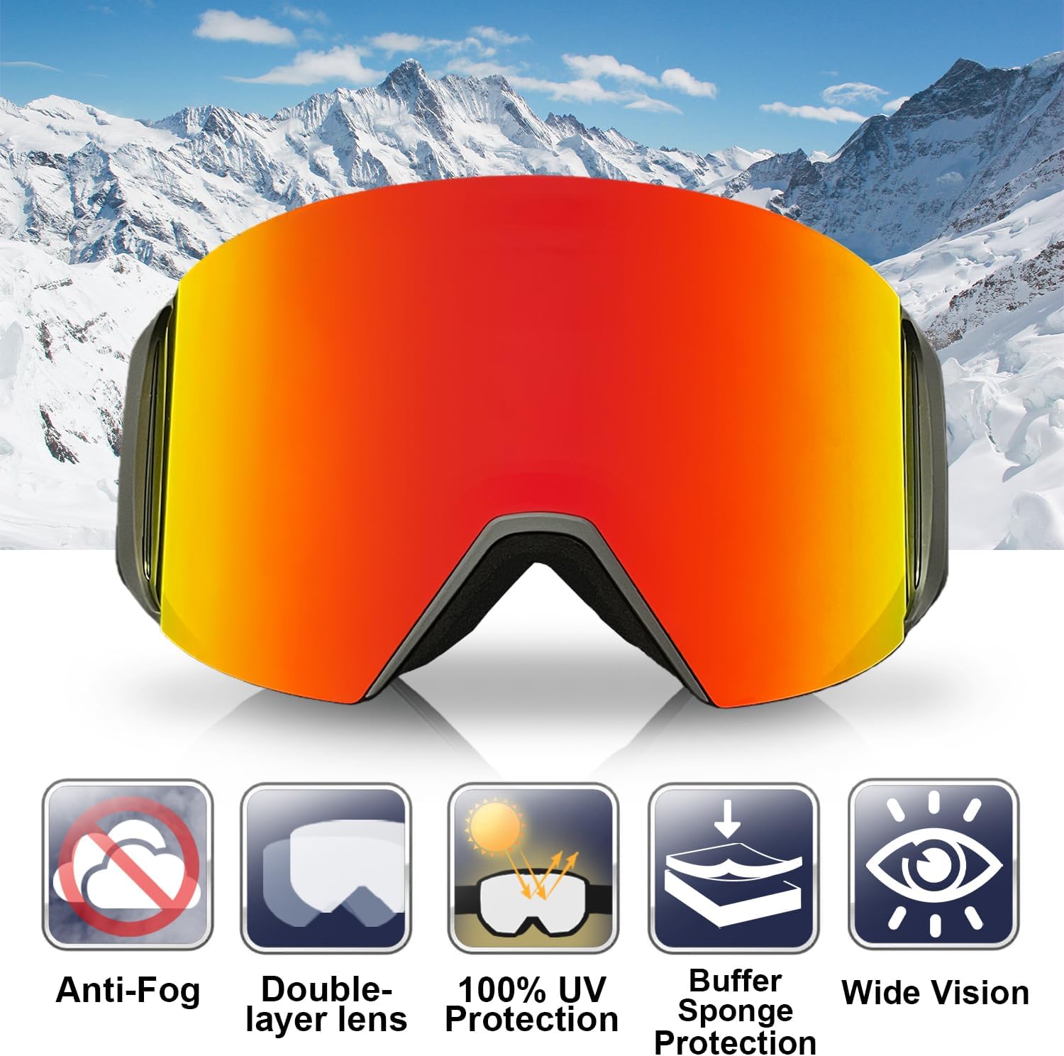 Ski Goggles,Anti Fog Magnetic Interchangeable Lens 100% UV400 Protection OTG Snow Goggles for Men Women