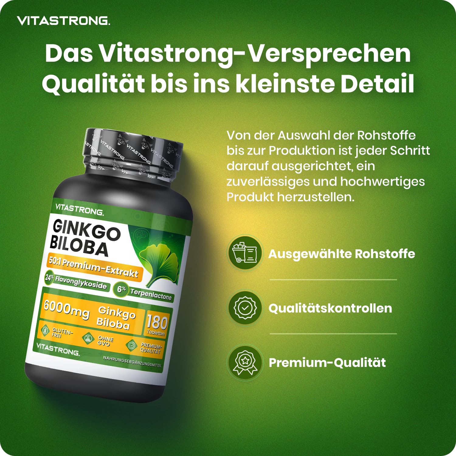 Ginkgo Biloba Nahrungsergänzungsmittel Vitastrong, 180 Vegan Tabletten, 6000mg hohe Bioverfügbarkeit, natürliches Nootropikum, Brain Focus Konzentration, Ginkgo Biloba Hochdosiert Gluten- und GVO-frei