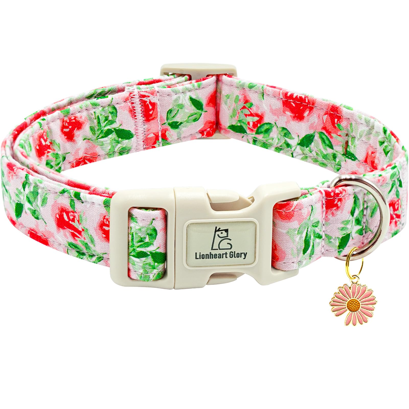 Lionheart glory Dog Collar Pink Flower Summer Spring Cute Collars Dog Girl or Boy Soft Durable Adjustable Collars for Medium Dogs Pet Gift