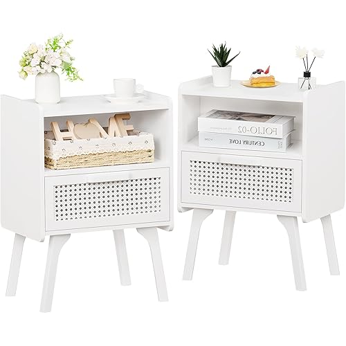 Lerliuo Rattan Nightstands Set of 2, Side Table with Drawer Open Shelf, Cane Accent Bedside End Table with Solid Wood Legs, Mid Century Modern Night Stand for Bedroom, Dorm and Small Spaces (White)