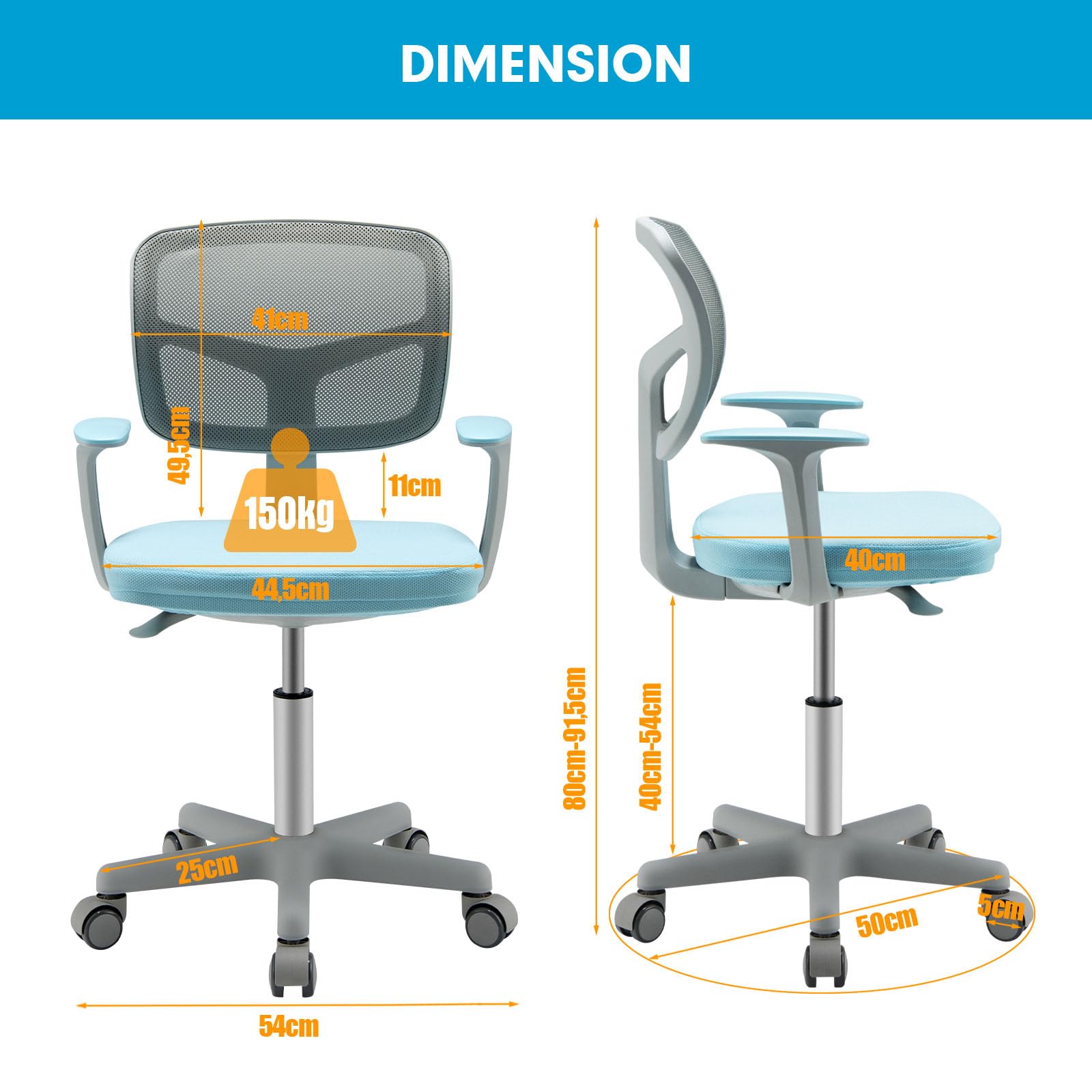DREAMADE Chaise de Bureau Enfants en Maille,Fauteuil Pivotante Ergonomique Enfant avec Hauteur Réglable&Dossier&Accoudoirs,Siège à roulettes Fille Garcon 3-10 Ans,Charge 150kg (Bleu)