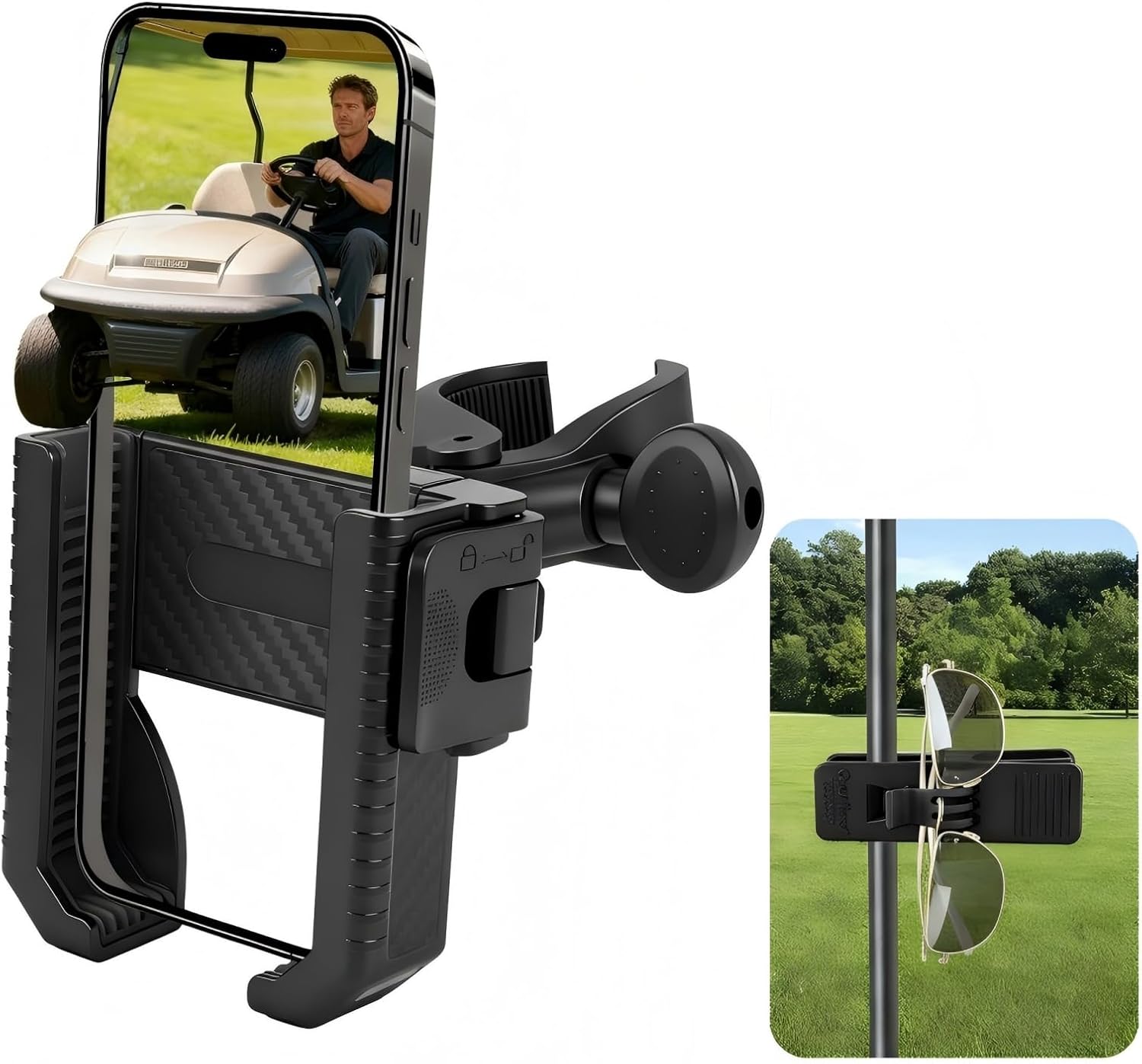 Golf Cart Phone Holder Mount-360° Rotation,Ultra-Stable Grip for All Phones, No Metal Needed,Includes Sunglasses Holder for Golf Cart,Perfect for Outdoor Sports (Black)