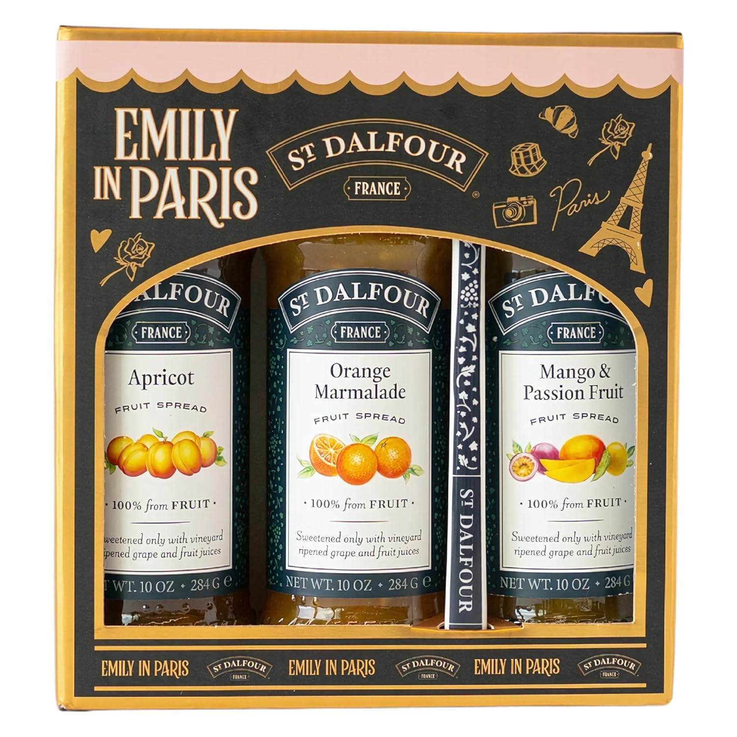 St. Dalfour Coffret Confiture – Édition Emily in Paris – 100% fruits, sans sucre ajouté, sans gluten – 3x284g (Abricot/Orange/Mangue-Passion) - 1