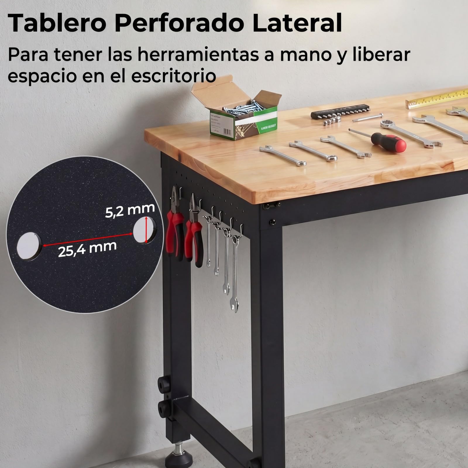 COSTWAY Banco de Trabajo con Estación de Carga, 122 x 51cm, Mesa Trabajo Taller con Altura Ajustable en 6 Niveles, Encimera de Madera Caucho, Marco Metálico, Estación Bricolaje, Carga 900 kg
