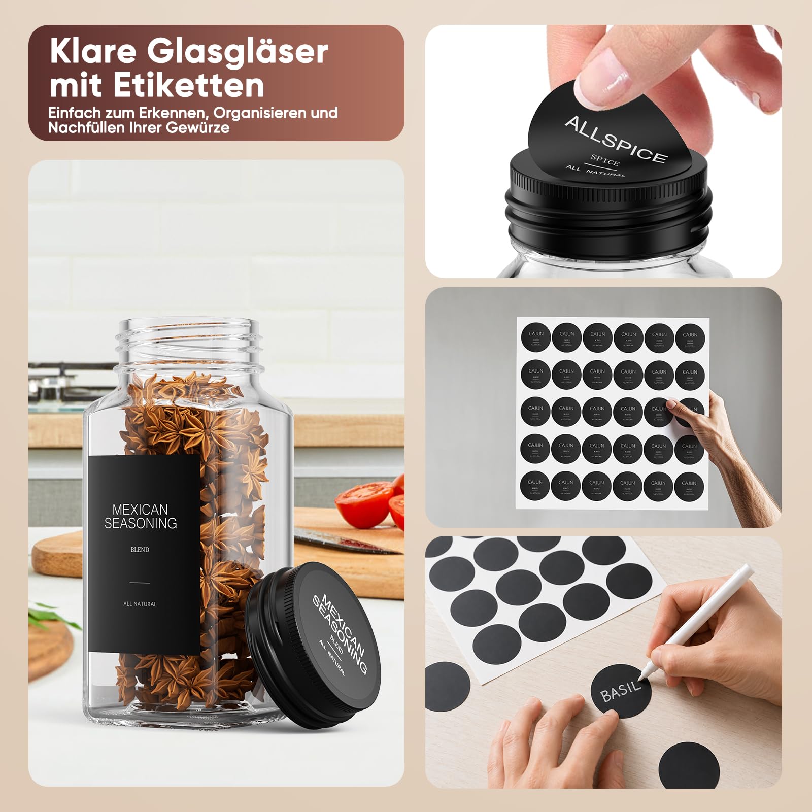Set portaspezie con barattoli, 4 ripiani, 28 pezzi, in metallo nero, organizer da cucina con 420 etichette per spezie, imbuto e spazzola, sistema salvaspazio per spezie ed erbe