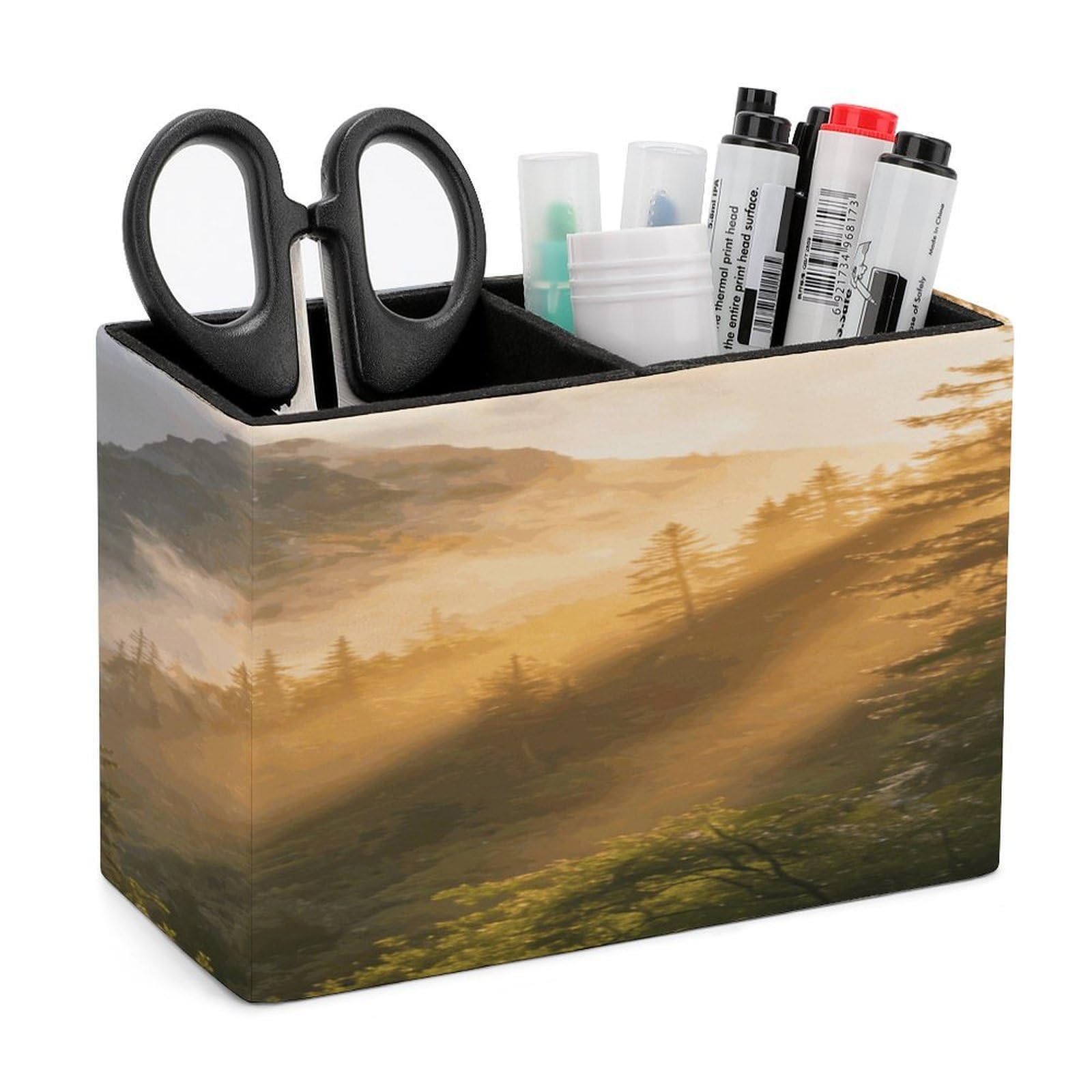 LZQPOEAS Misty Forest Mountain Pen Holder Double Compartments Pen Cup Makeup Brush Holders Leather Pencil Holder Locker Organizer for Work Locker Accessories Modern Pencil Cup for Desk