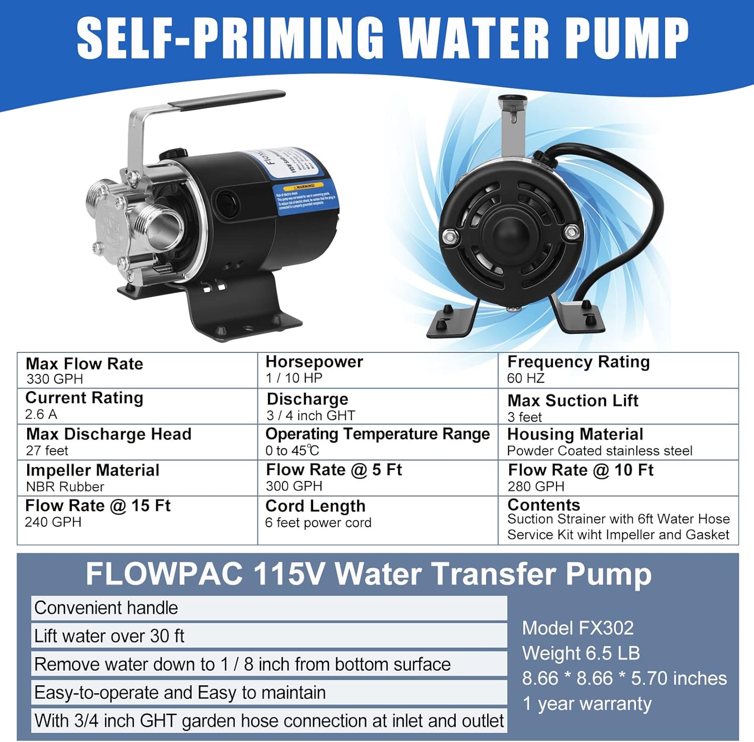 Bеѕt Dеаl 🛒 Water Pump 115V 1/10 HP 330 GPH Water Transfer Pump With 3/4 inch Ports Suction Hose And Spare Impeller Electric Water Pump Utility Pump-Black