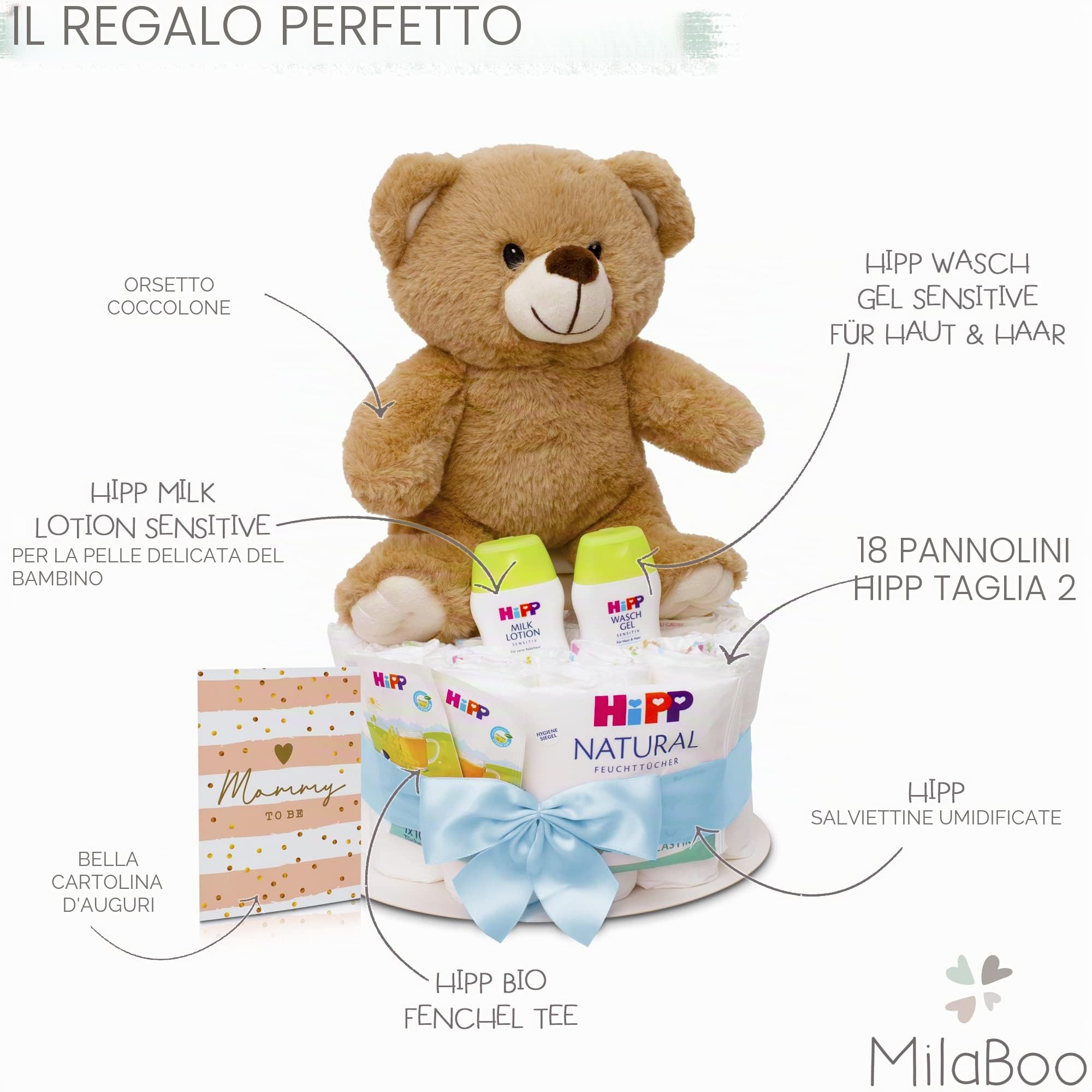 MilaBoo® - Torta di pannolini, blu, da bambino, con un piccolo orsacchiotto morbido, per neonati, torta con pannolini e prodotti