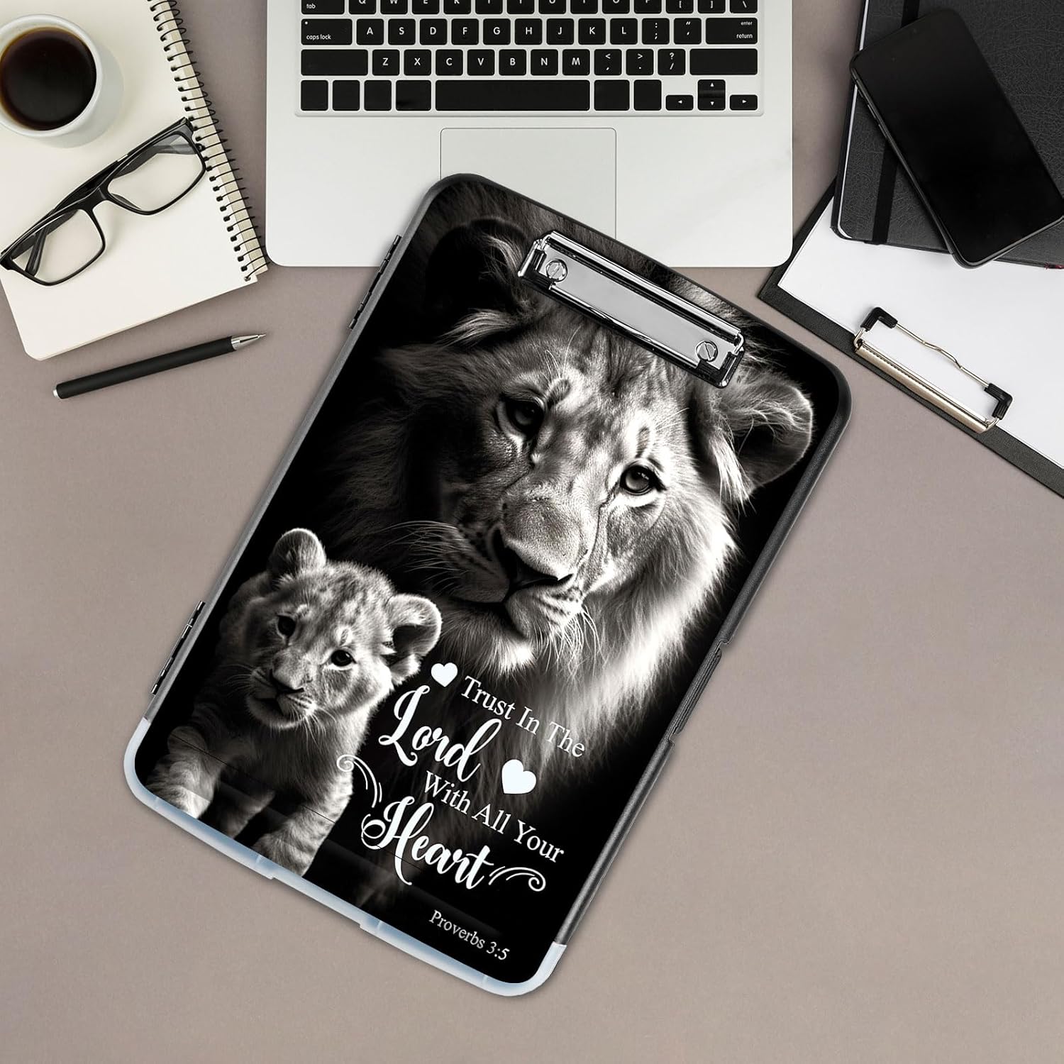 Clipboard with Storage,Office Supplies Nursing Clipboards Folder with Pen Holder Plastic Storage ClipBoard Foldable for Teacher Nurse,Lion Proverbs 3:5