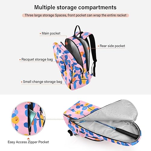 Miniatura 5 de Mochila de tenis para adultos, transpirable, flores azules y naranjas, rosa, 2 raquetas, bolsa con almohadilla protectora para mujeres, hombres,