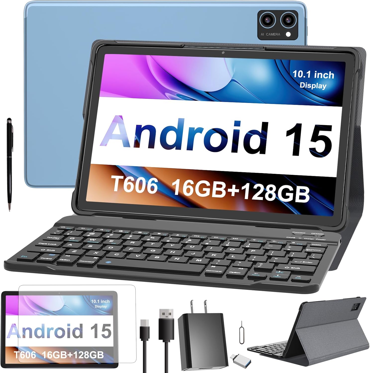 Android 15 Tablet,16GB RAM,128GB ROM,1TB Expand, T606 8-Core,Incell IPS Screen,8000mAh,10.1 inch Tablets,23MP Camera,Two Speakers,Tablet with Keyboard,case,Pen