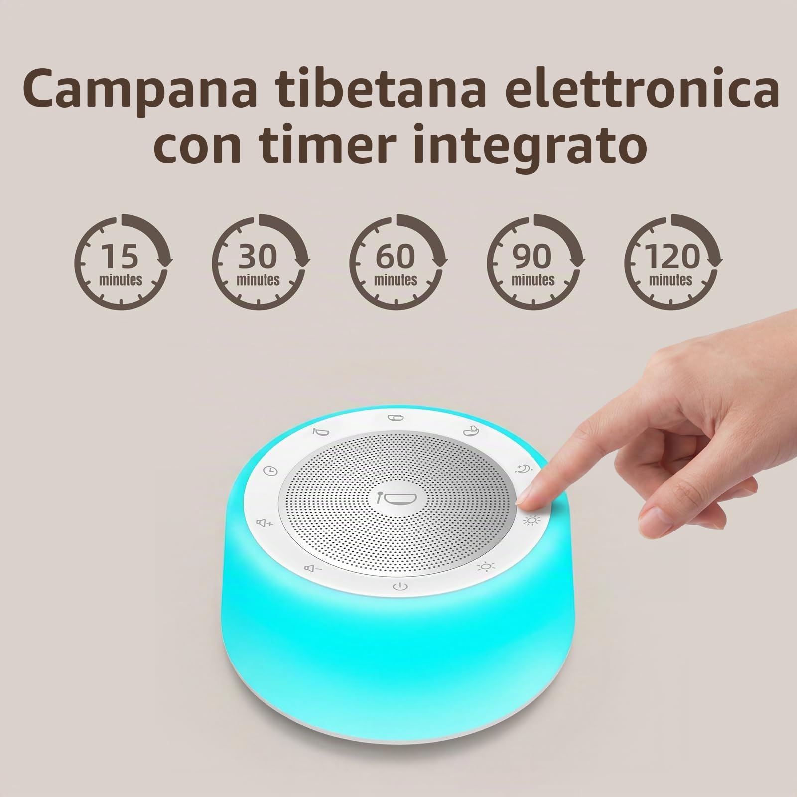 Kipcush Macchina tibetana per campane tibetane – 5 campane sonore per yoga, meditazione, consapevolezza, guarigione, guarigione dei chakra e sollievo dallo stress, timer e funzione di memoria, plug in