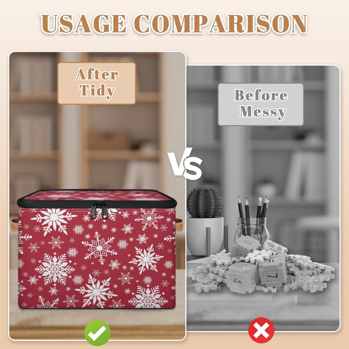 Storage Bin Set of 2 Snowflake Winter Storage Basket with Zipper Lid & Handle Foldable Closet Shelf 2 Pack Cloth Organizer Basket Cube Bins for Bedroom, Nursery