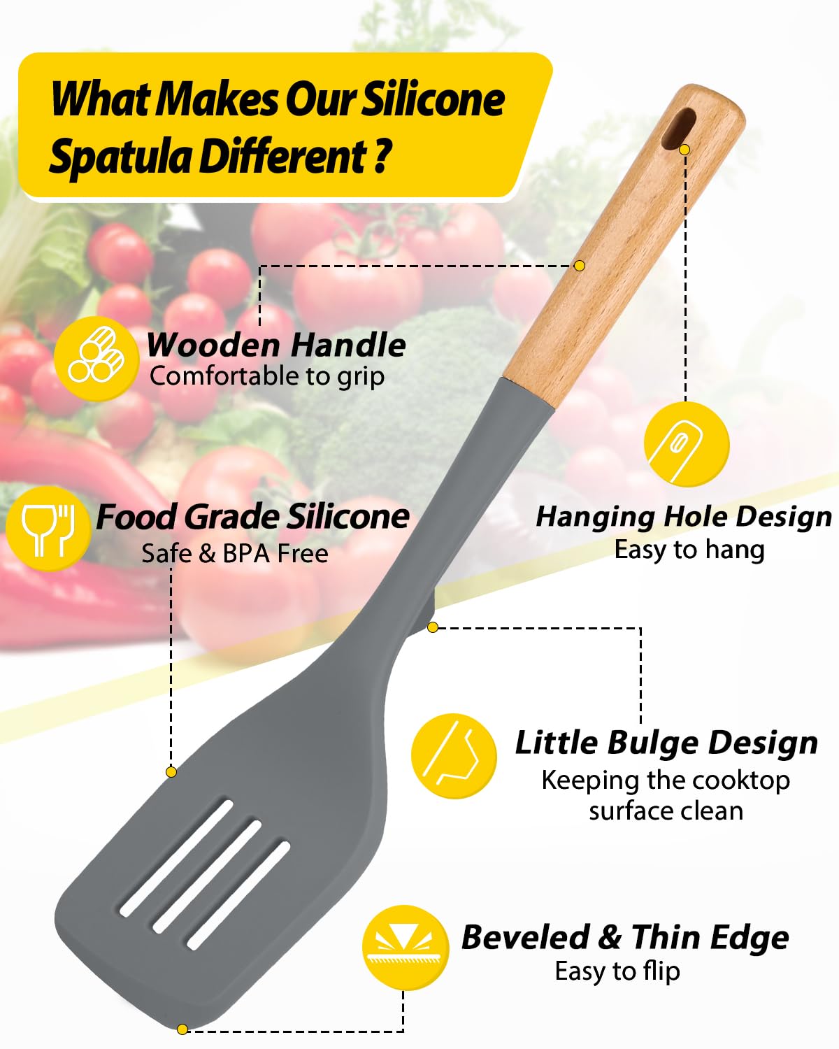 Pack of 2 Large Silicone Spatula, Heat Resistant Solid Turner, Non Stick Slotted Spatulas with Wooden Handle - Image 2