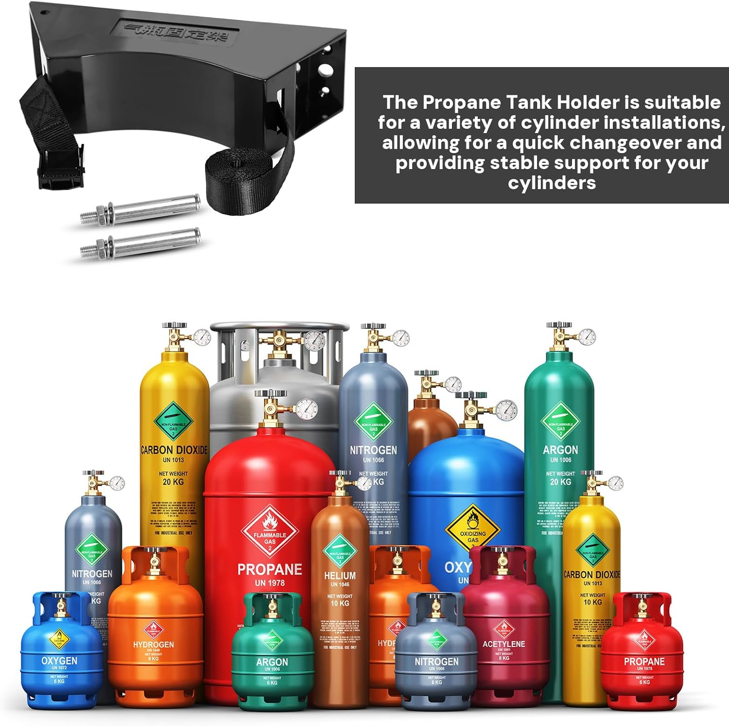 4PCS Propane Tank Holder, Gas Cylinder Holder, Propane Tank Mount， ABS Gas Cylinder Holder with Screws and Safety Chain Supported 4"-12" , for mounting Various Gas cylinders 4(Black)