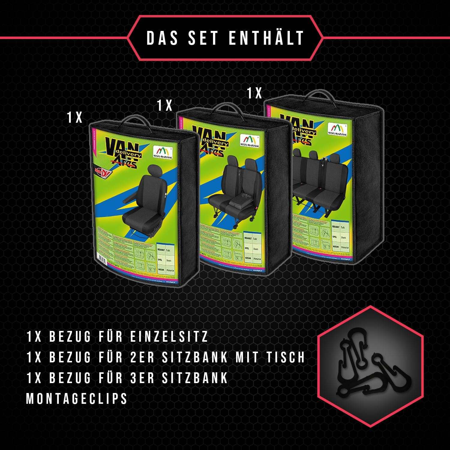 1+2+3 mit Tisch 6-Sitzer Schwarz Set Komplettset Sitzbezüge Wohnmobil Autositzbezüge Transporter Sitzbezug Schonbezug Schonbezüge Autoschonbezug Sitzauflagen Sitzschutz Auto Ares