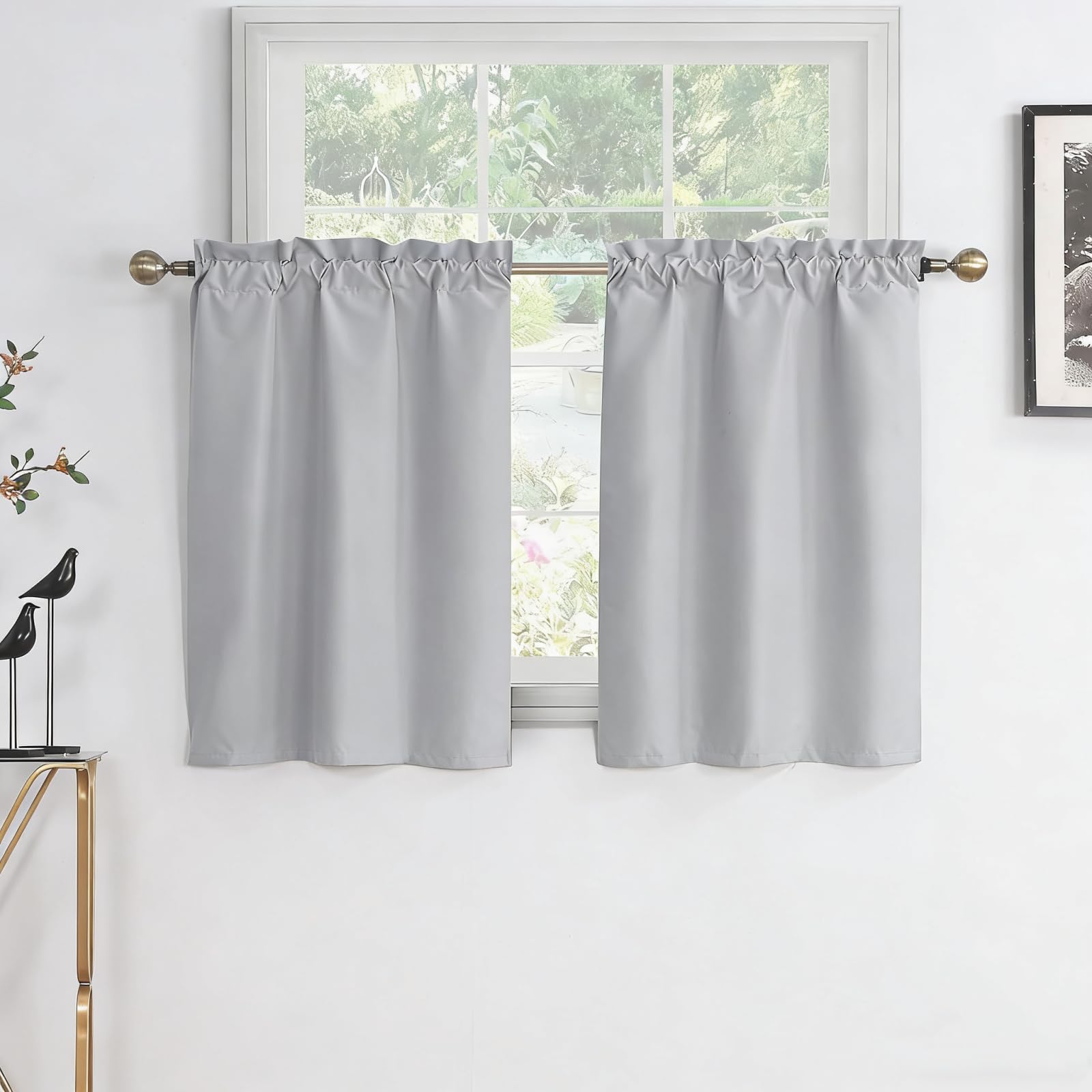 Easy Home Kitchen Curtain for Window, 24 Inch Length Blackout Tier, Thermal Insulated Curtain for Living Room, Basement Room Darkening, Rod Pocket, 2