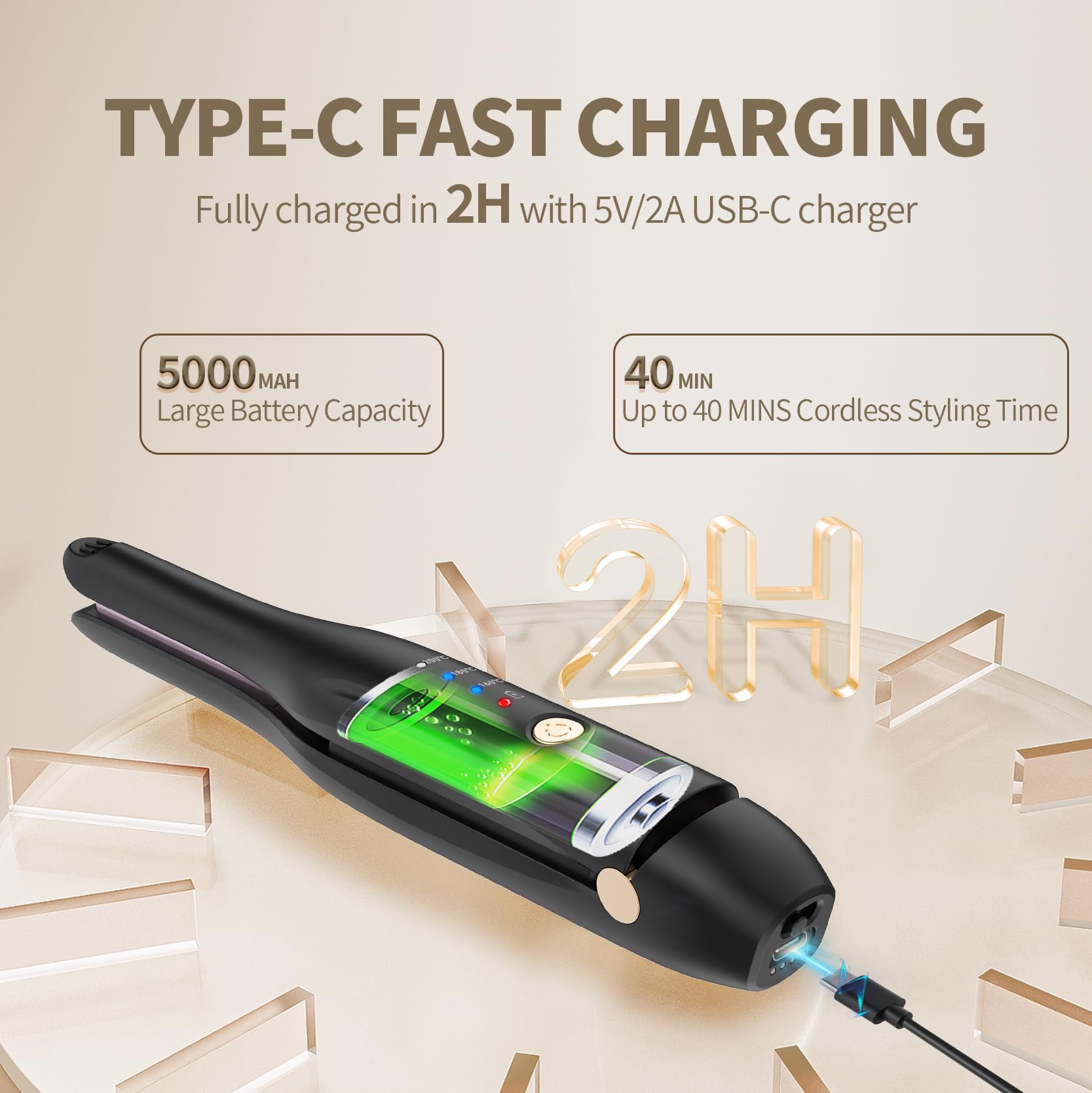 Lisseur sans fil, fer à lisser céramique Styling Clip, lisseur et fer à boucler portable 2-en-1 avec chargeur de type C et station de charge pour le salon de coiffure, la maison, les voyages (Noir)