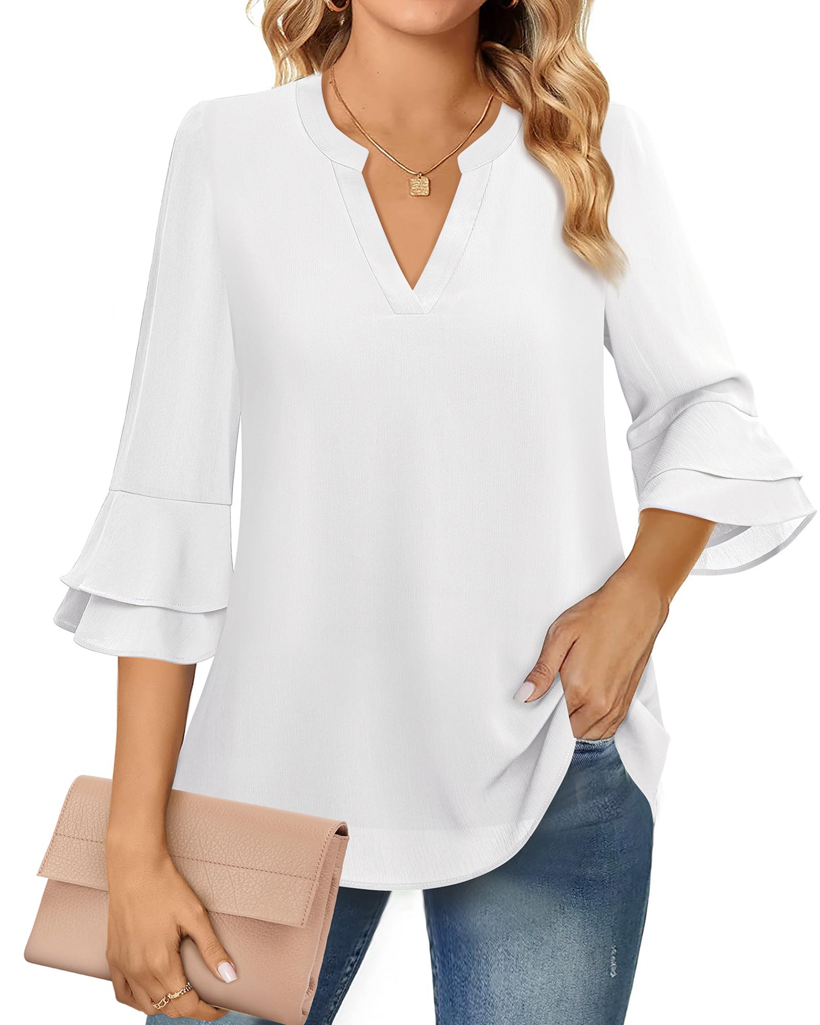 Lotusmile Womens Tops Dressy Casual 3/4 Tiered Bell Sleeve Blouses Double Layered Chiffon Work Tunic Shirts