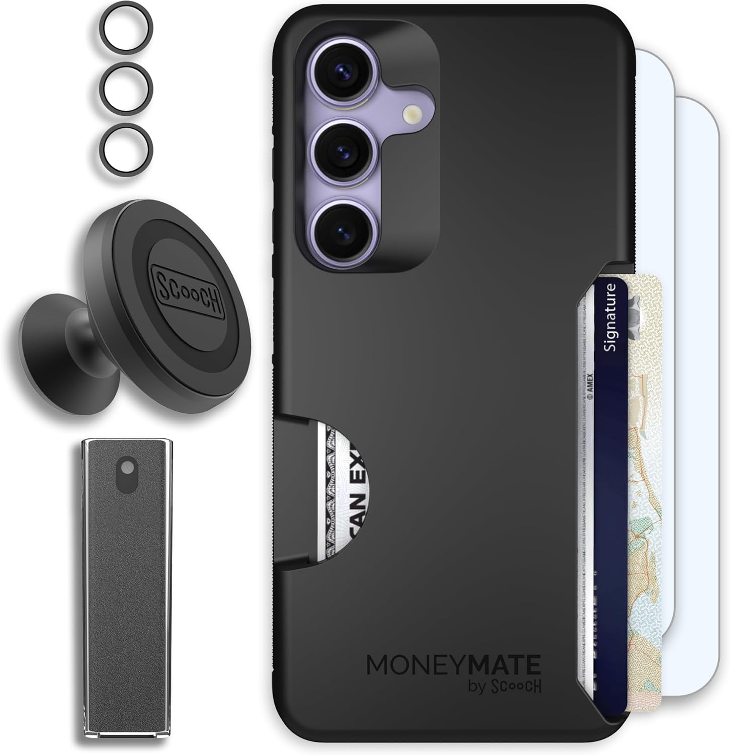 Scooch for Samsung Galaxy S25 Case with Card Holder, Moneymate [Defender Bundle] with 2 Screen Protectors, Camera Protector, Wingmount, Mounting Card, Tech Spray, Black