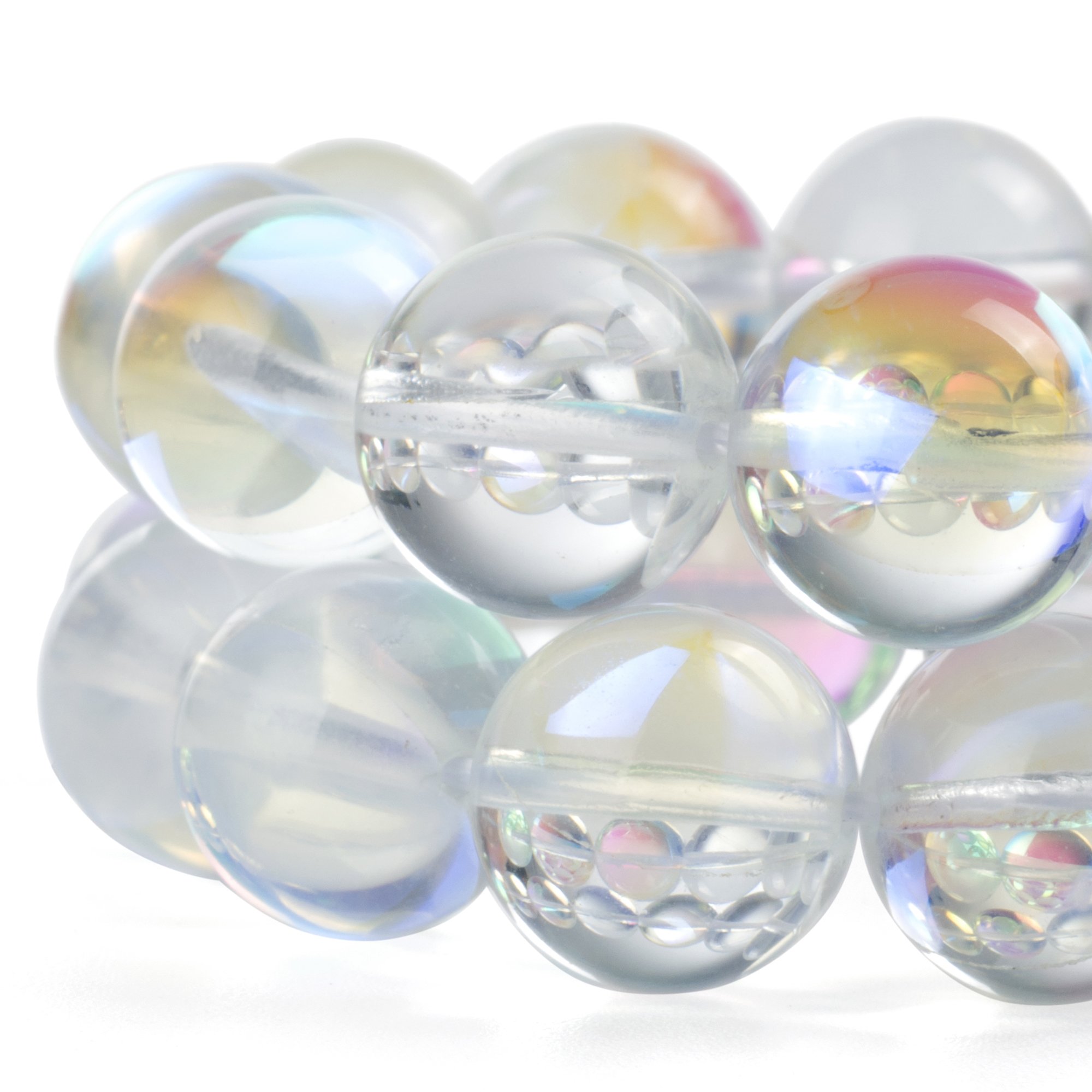 RUBYCA Round Moonstone Crystal Glass Beads Aura Iridescent Jewellery Making (1 strand, 12mm, White)