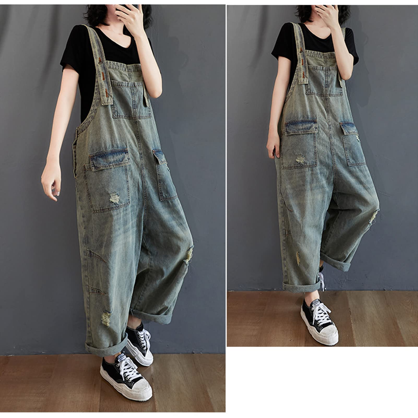 Salopette da donna in denim Salopette Pantaloni da donna Vintage Casual Baggy Jean Tute regolabili Tute Tute a gamba larga Tutina Pantaloni lunghi Azzurro-L