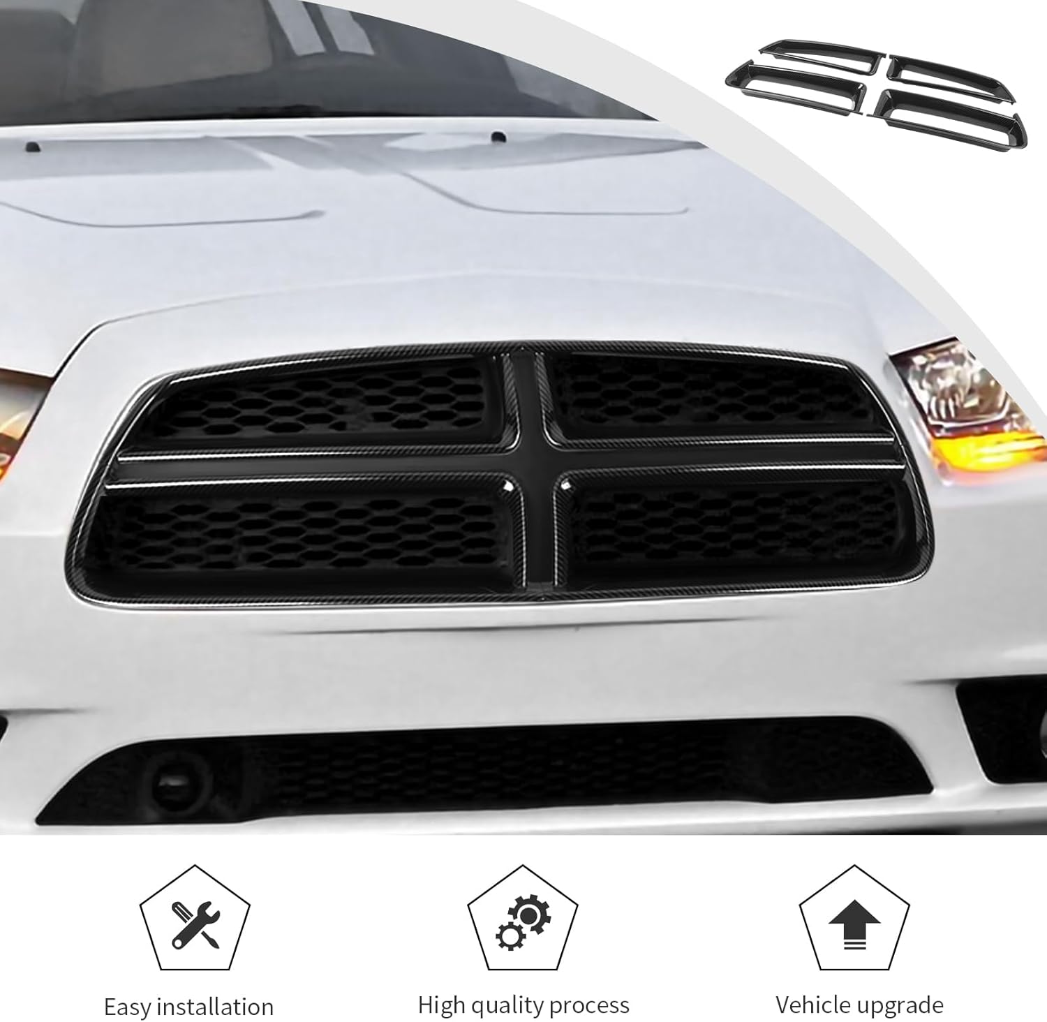 JWWY Front Grille Radiator Grille Inserts Grillwork Trim Fit for 2011-2014 Dodge Charger Exterior Accessories, ABS Carbon Fiber 4pcs