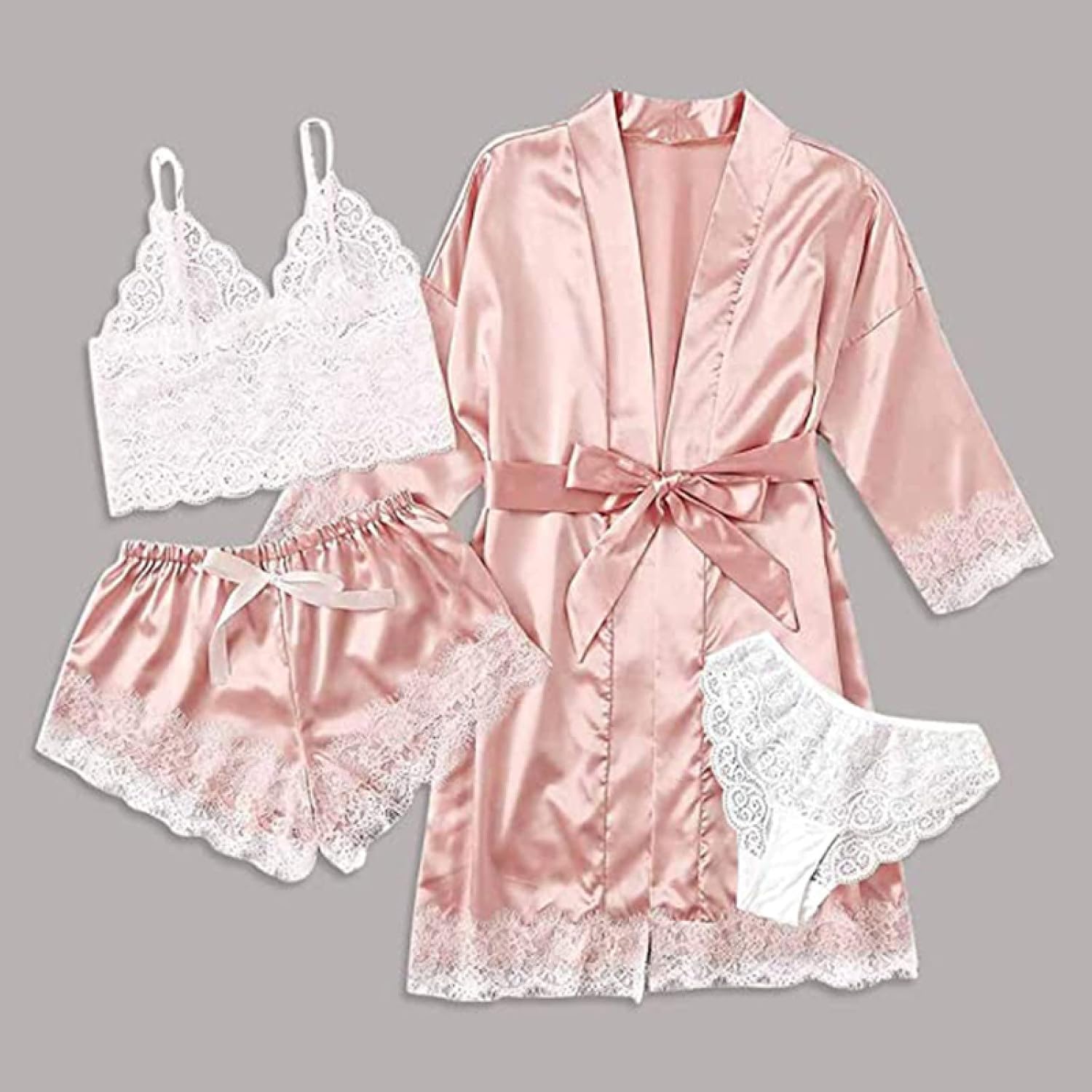 Summer Sexy Floral Lace Pajamas Set 4Pcs/Set - Summer Satin Robe Nightwear Trim Shorts Lingerie Lounge Set With Cami Sleepwear Home Clothes Soft Homewear For Adults Outfits Suit ( Color : Picture Colo