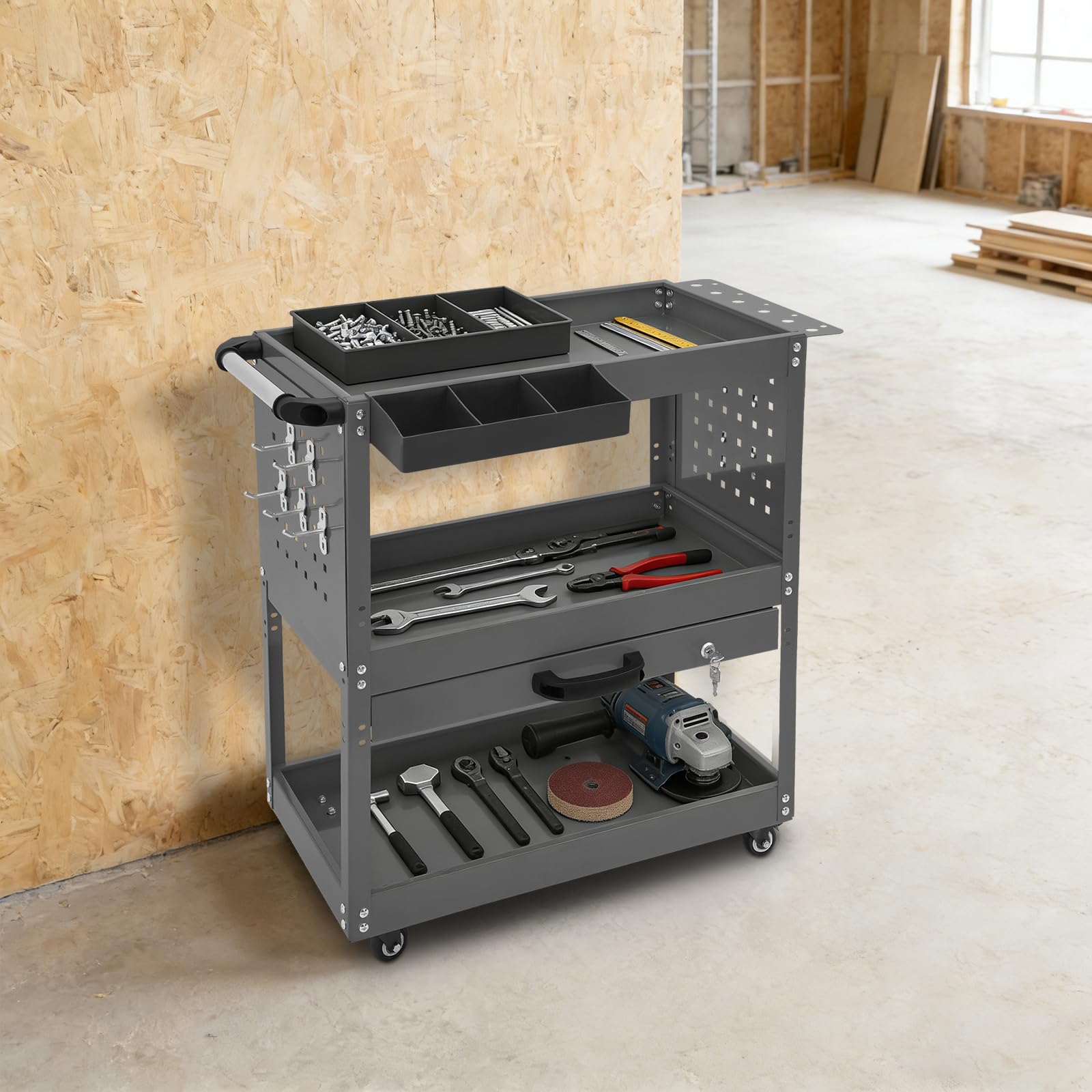 Carrello porta attrezzi con 3 livelli, portata 250 kg, carrello da officina (grigio) | Carrello portautensili a 2 ruote con freno di stazionamento, banco da lavoro con cassetti, carrello multifunzione