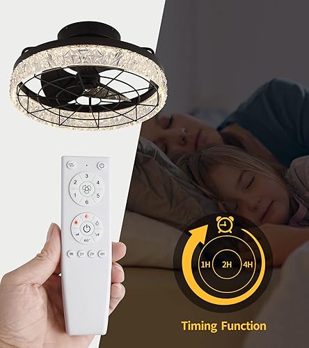 Miniatura 5 de Q&S Modern Ceiling Fan with Lights,Low Profile Enclose Black Cage Semi Flush Mount Crystal Ceiling Fans with Remote 6 Speeds 3 Colors Dimmable LED