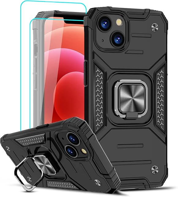 LeYi for iPhone 13 6.1'' Case with [2 Pack] Tempered Glass Screen Protector Shockproof Silicone Protective Mobile Phone Cover with Ring Holder Compatible for iphone 13 Phone Case Black
