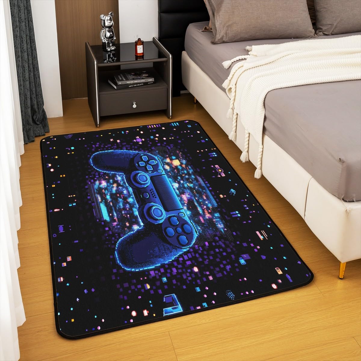 Loussiesd Dywan do salonu dla graczy, 100 x 150 cm, gamingowy dywan akcentujący dla chłopców, dziewcząt, nastolatków, nowoczesny kontroler konsoli do gier, mata podłogowa, joystick, czarno-niebieski,