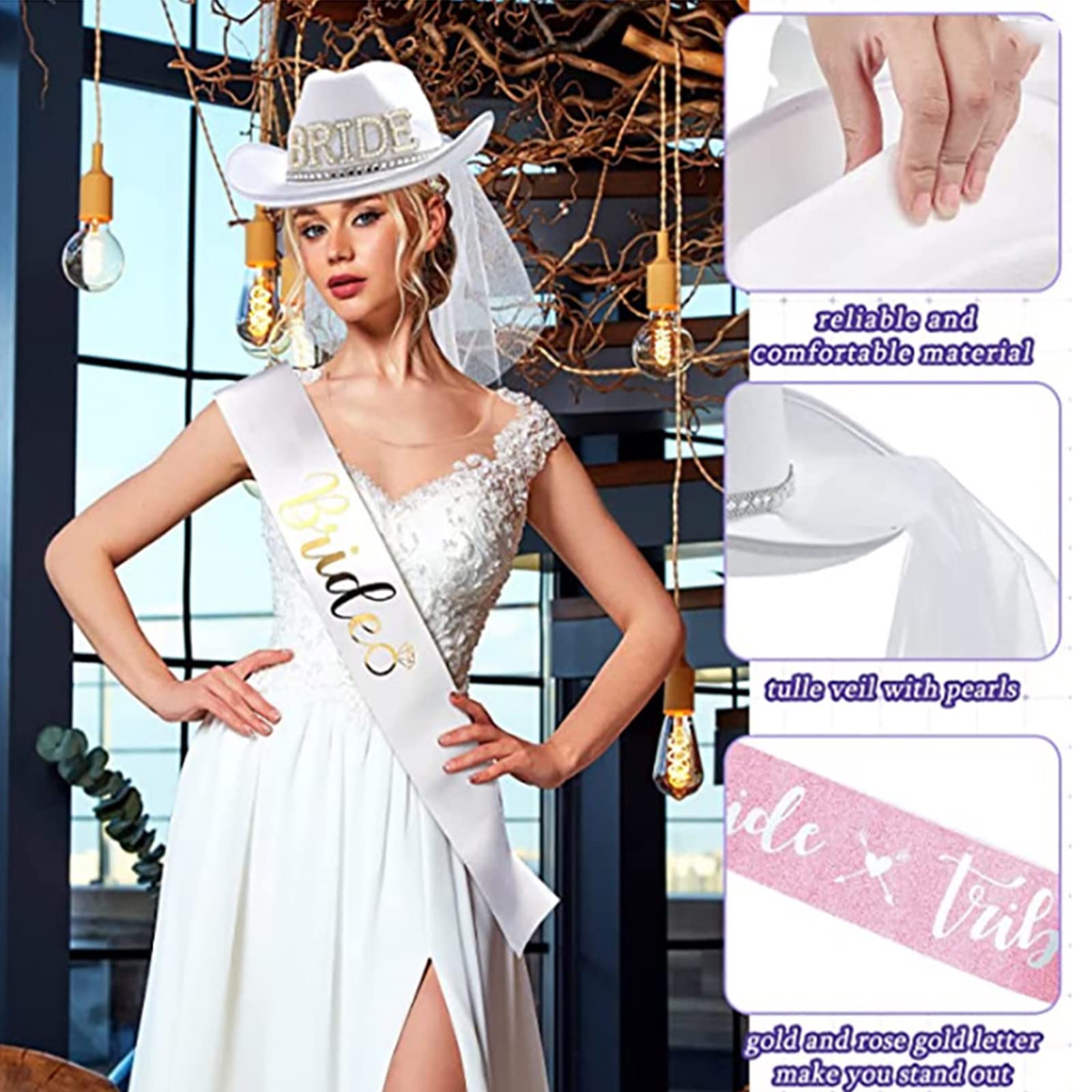 Chapeau pour demoiselle d'honneur - Chapeau jazz tendance pour femme - Costume de cowboy pour enterrement de vie de jeune fille - Accessoires de fête - Chapeaux de cowboy pour femme