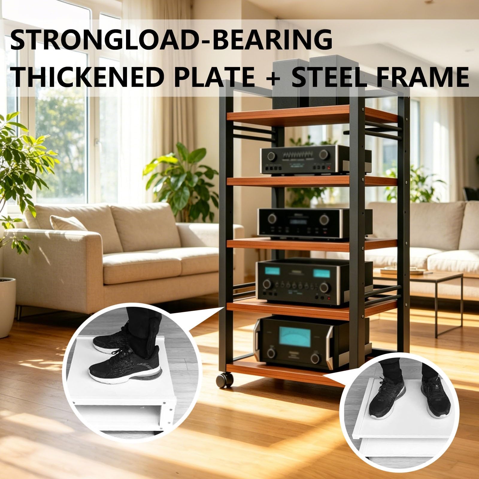 Mobile Hifi 5-Level Audio-Video Con Ruote Universali Altezza Regolabile | Mobile Stereo Hi Fi Rack/Con 360° Ruote/Con Ripiano Regolabile/ Altezza Regolabile/Per Sala Giochi(Teak)