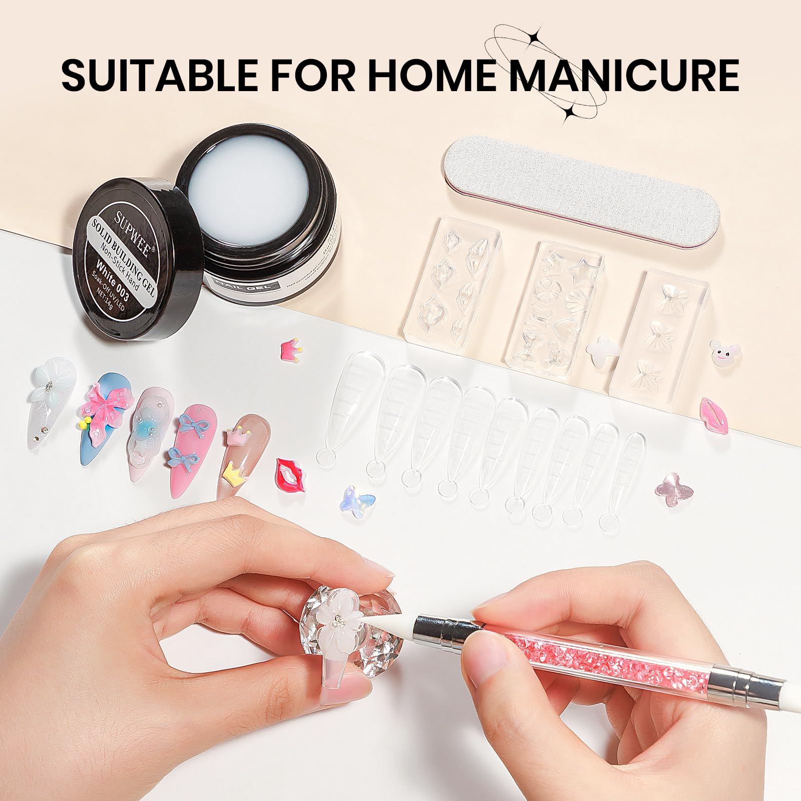 SUPWEE Żel 3D Nail Art do paznokci, żel scuplting z wzorem biały | Nieklejący, solidny żel budowlany z wzorem pędzla do paznokci, tłoczenie, twardy salon "zrób to sam" w domu, 14 g